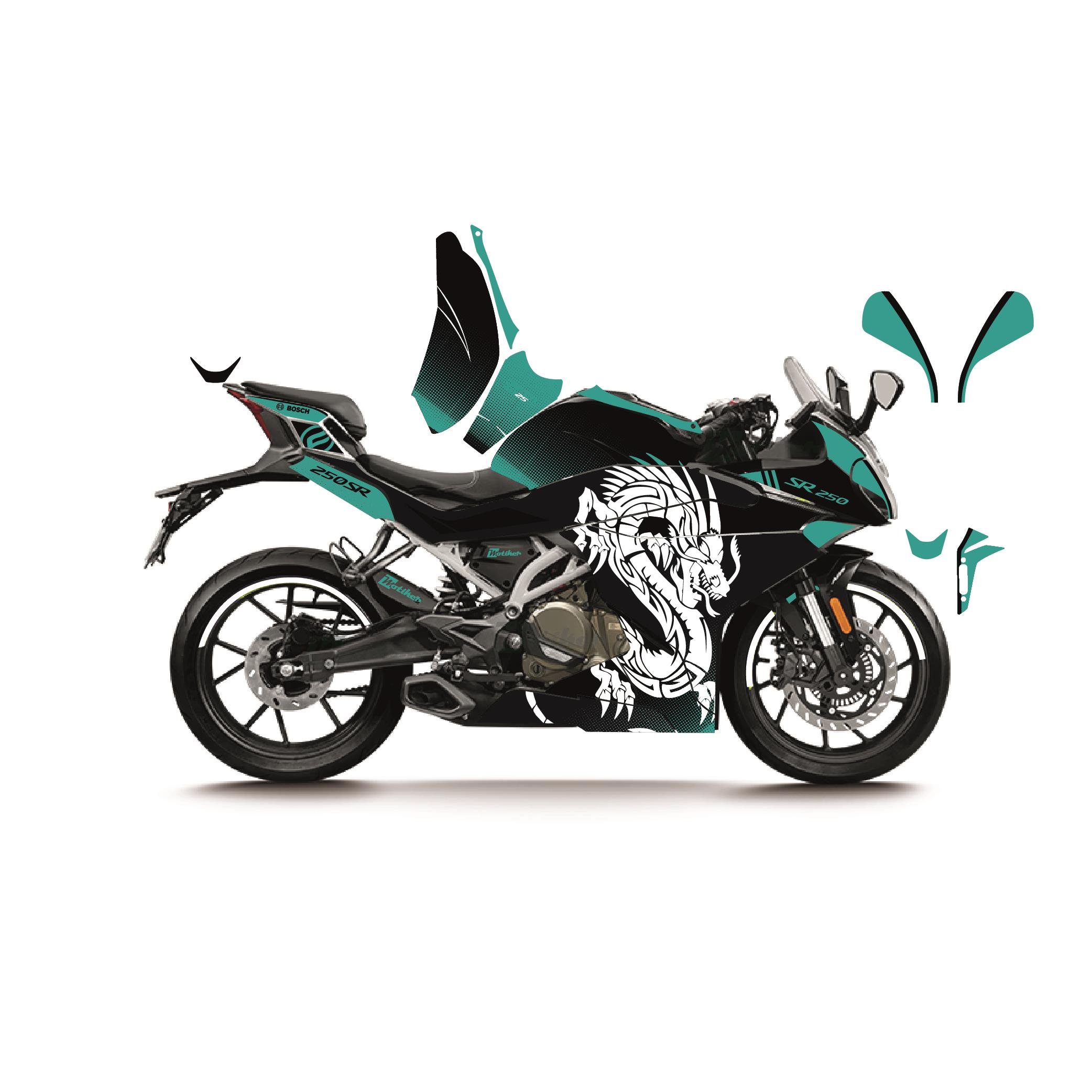 CFMOTO 250SR BEYAZ TURKUAZ DRAGON MODEL PARÇALI MOTOSIKLET KAPLAMA STICKER ETIKET MODELI 