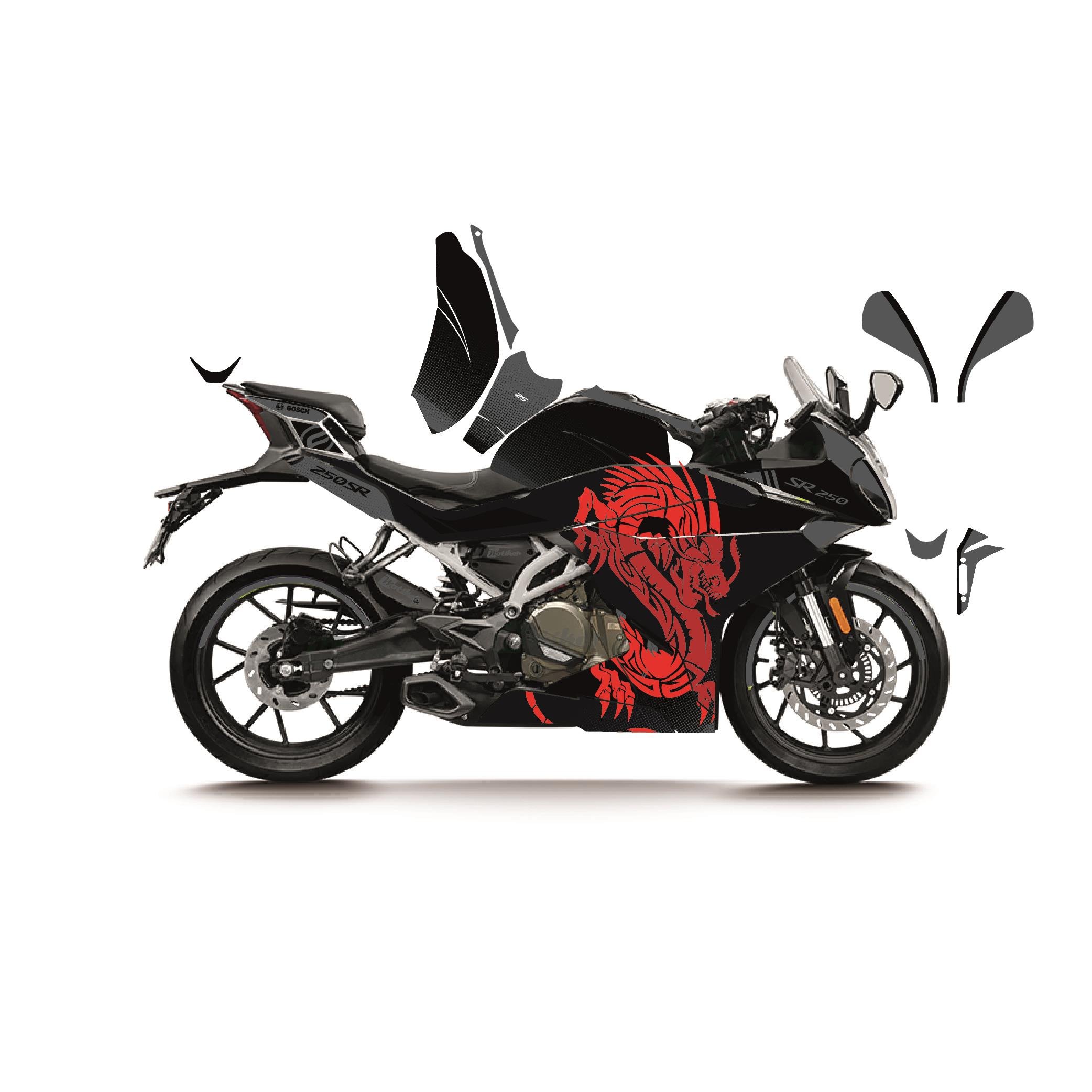 CFMOTO 250SR KIRMIZI GRİ DRAGON MODEL PARÇALI MOTOSIKLET KAPLAMA STICKER ETIKET MODELI 