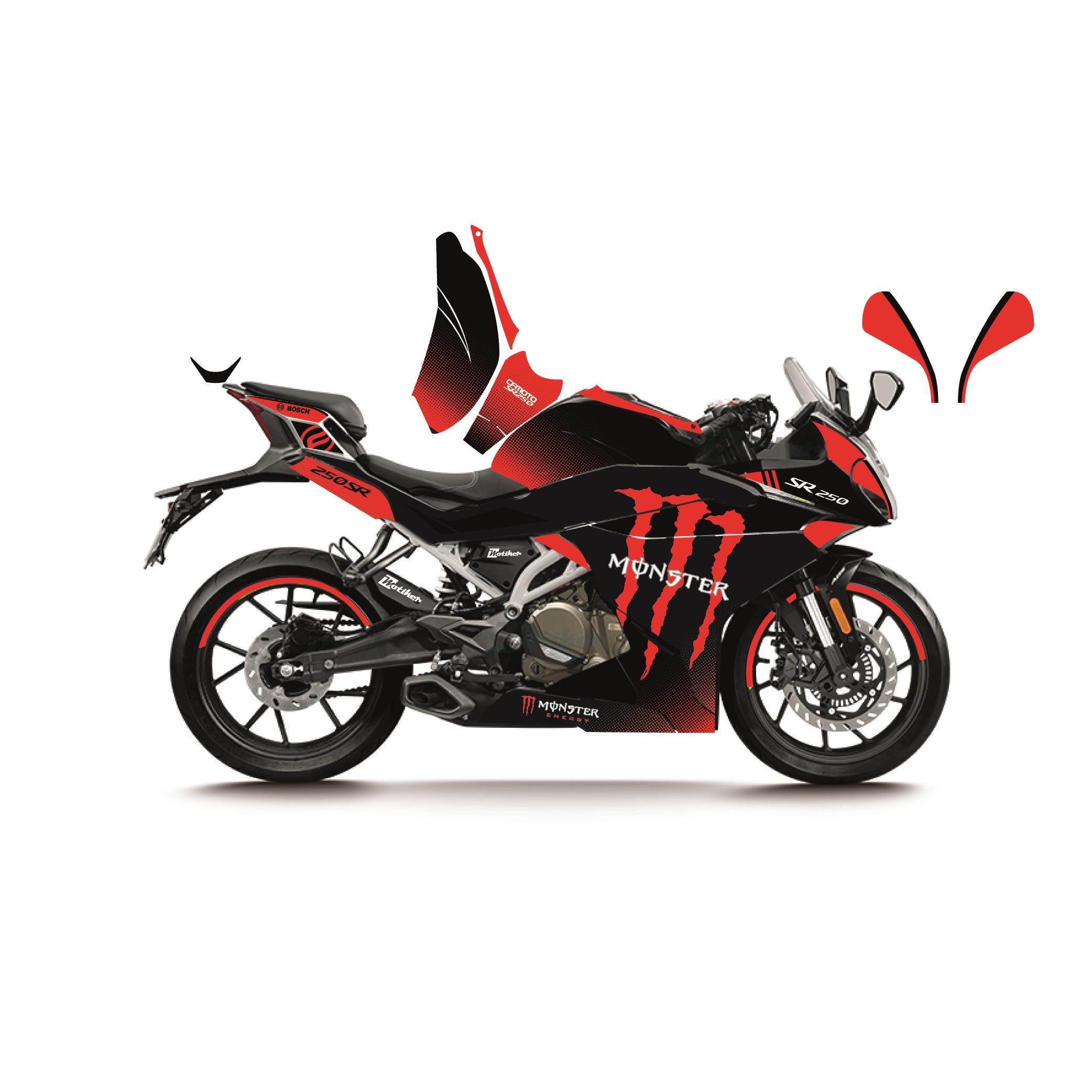 CFMOTO 250SR KIRMIZI MONSTER MODEL PARÇALI MOTOSIKLET KAPLAMA STICKER ETIKET MODELI 