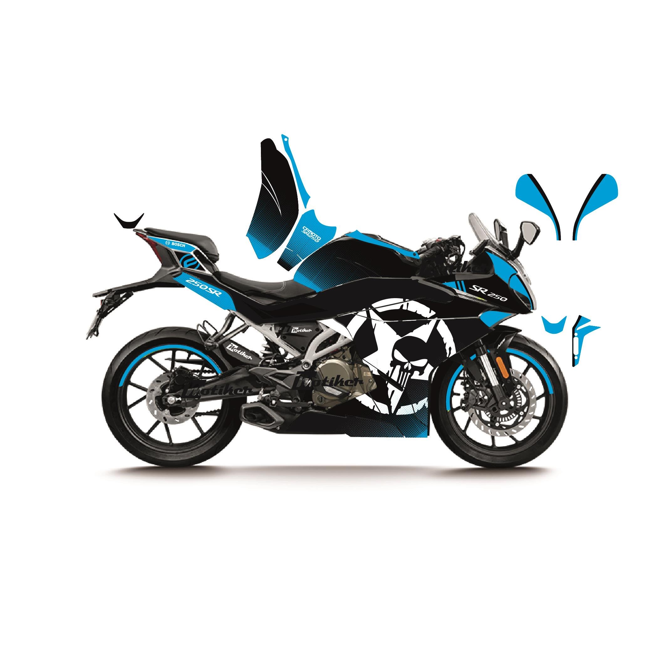 CFMOTO 250SR MAVİ PUNISHER MODEL PARÇALI MOTOSIKLET KAPLAMA STICKER ETIKET MODELI 