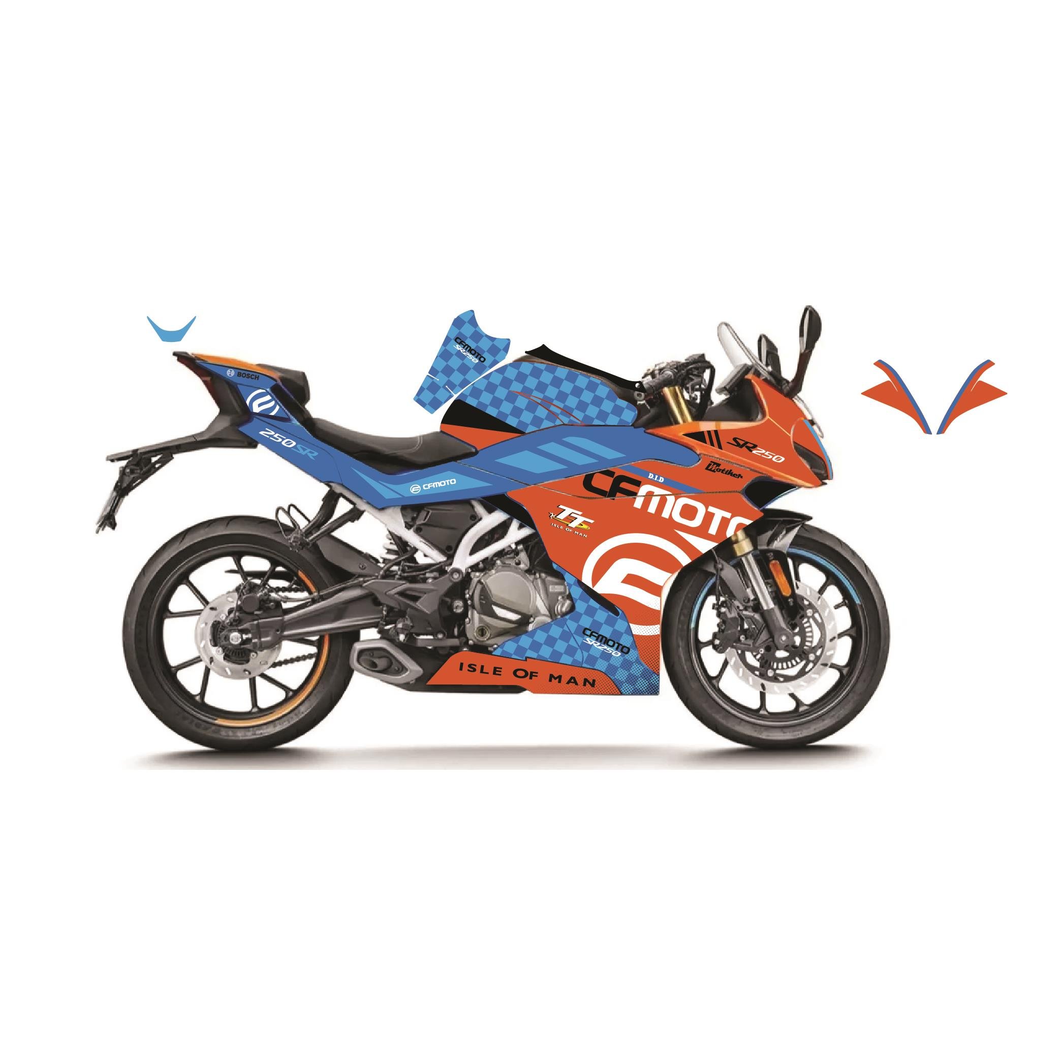 CFMOTO 250SR Racing Model Motosiklet Sticker Etiket Kaplama Modeli Turuncu Mavi