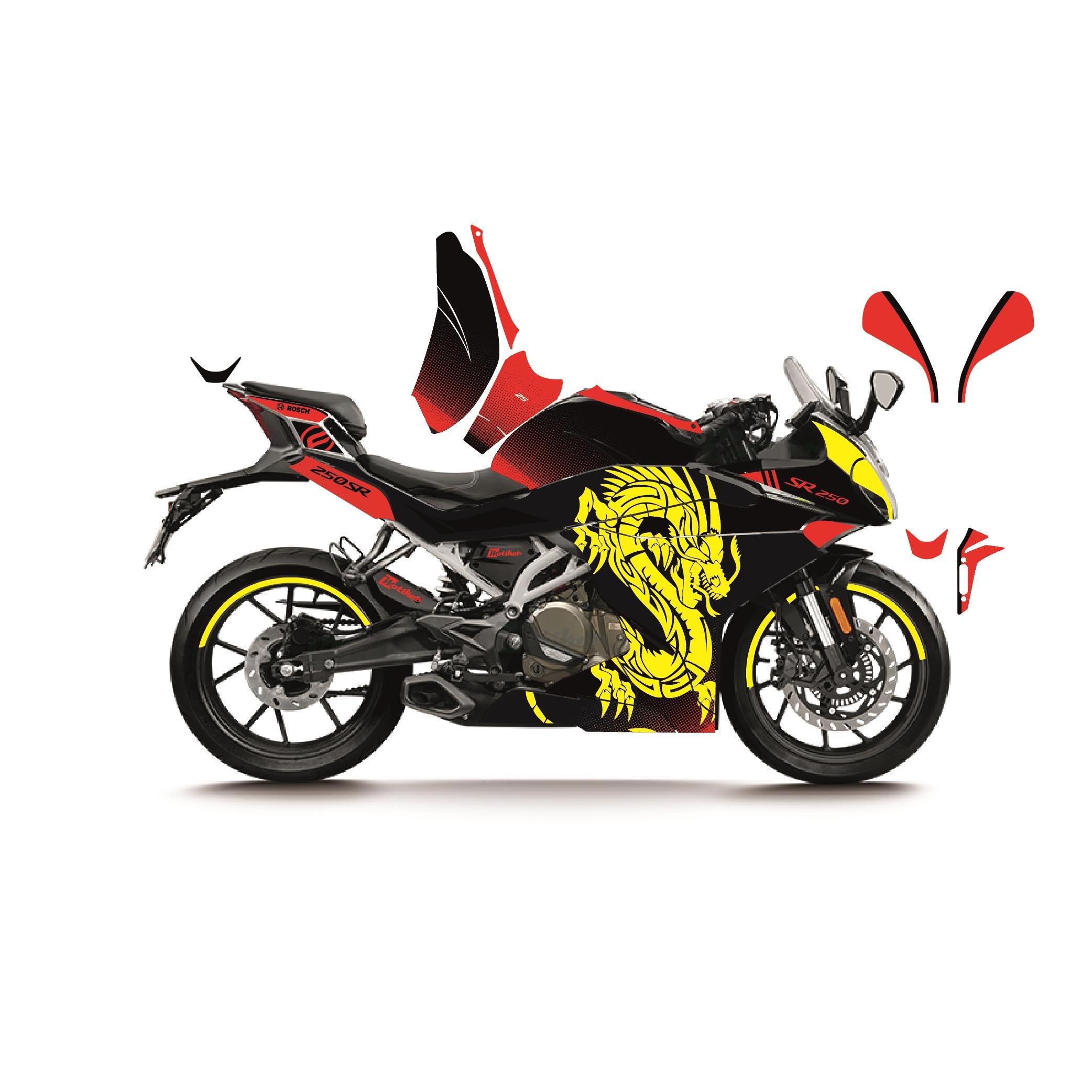 CFMOTO 250SR SARI KIRMIZI DRAGON MODEL PARÇALI MOTOSIKLET KAPLAMA STICKER ETIKET MODELI 