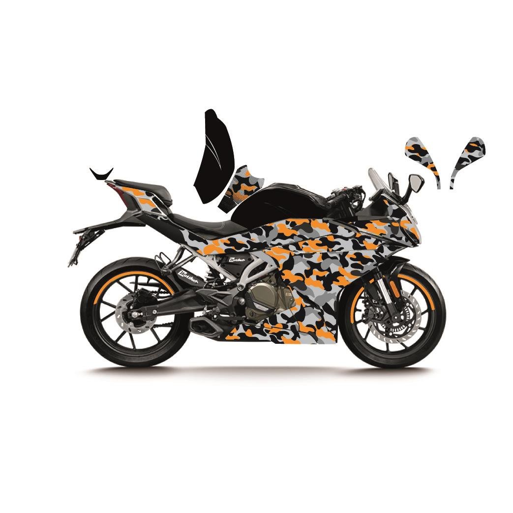 CFMOTO 250SR TURUNCU KAMUFLAJ (CAMOUFLAGE) MODEL PARÇALI MOTOSIKLET KAPLAMA STICKER ETIKET MODELI
