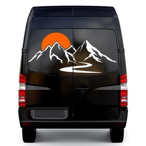 KaravanGünbatımı ve Dağ Tasarımlı Karavan Sticker Etiket