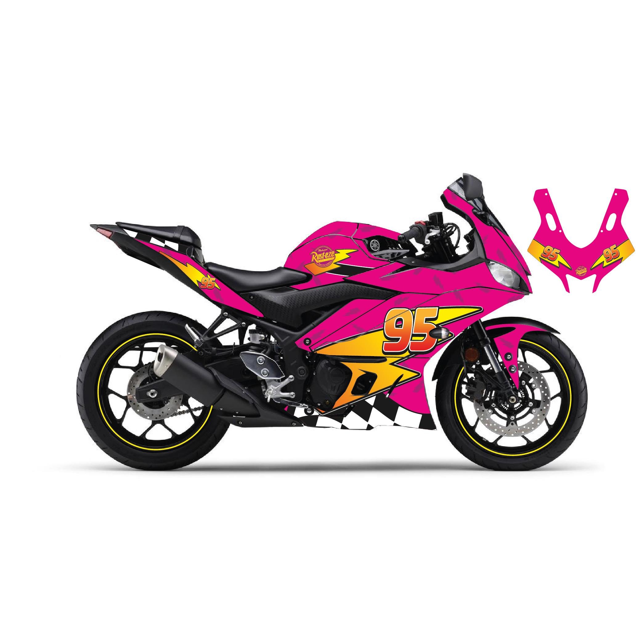 R25Motiker Yamaha YZF-R25 2019-2024 McQueen Pembe Sticker Parçalı Motosiklet Kaplama Etiket Modeli
