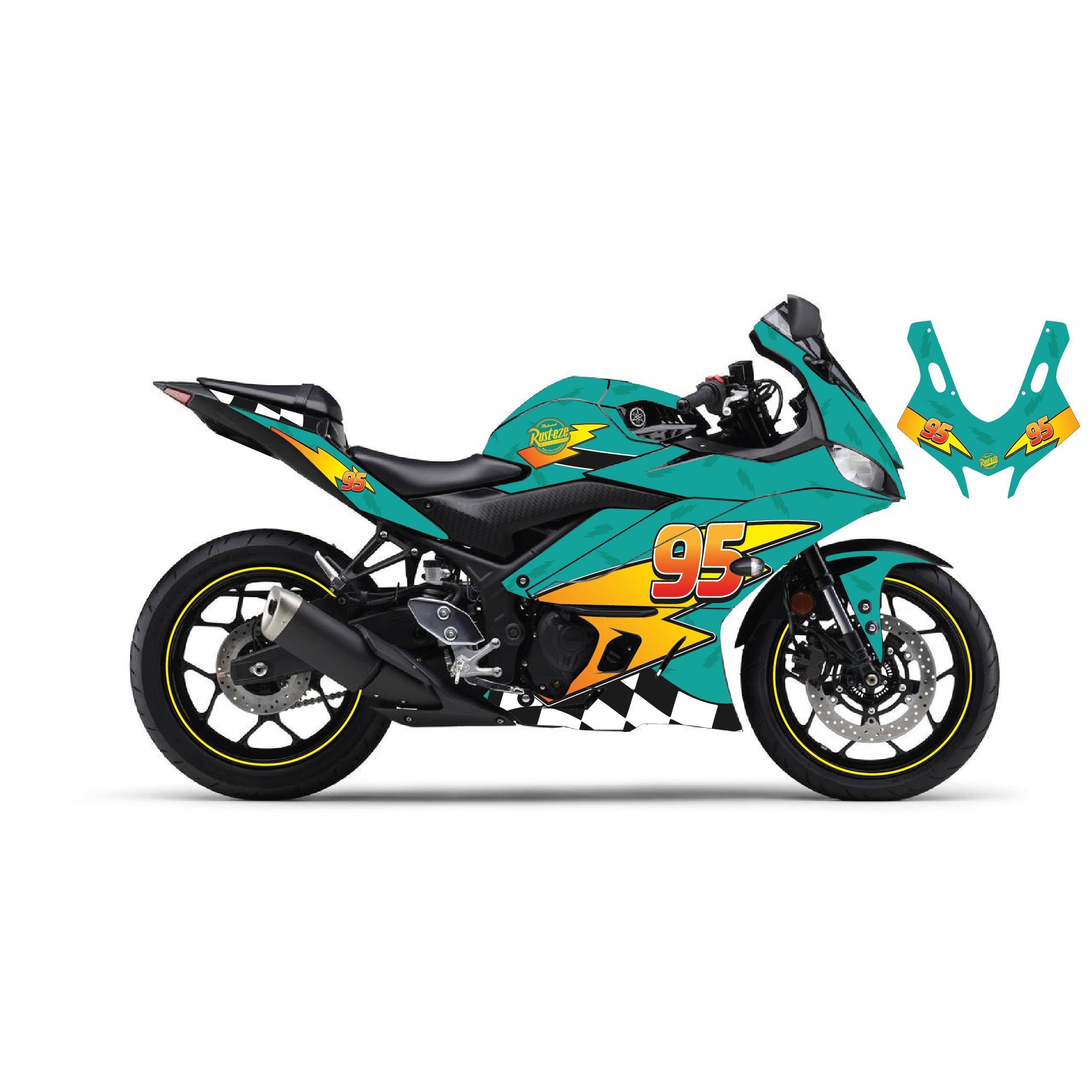 R25Motiker Yamaha YZF-R25 2019-2024 McQueen Turkuaz Sticker Parçalı Motosiklet Kaplama Etiket Modeli