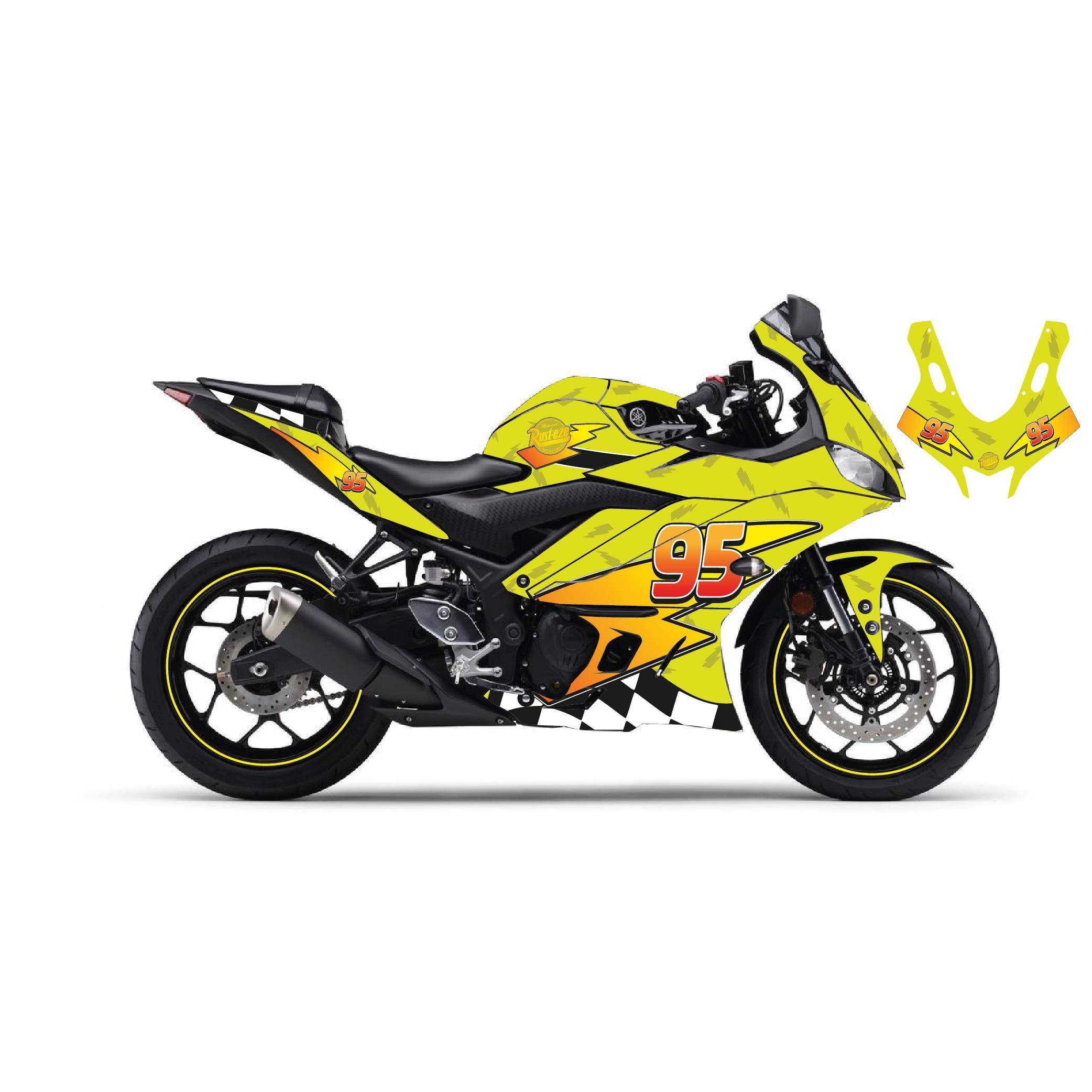 R25Motiker Yamaha YZF-R25 2019-2024 McQueen Sarı Sticker Parçalı Motosiklet Kaplama Etiket Modeli