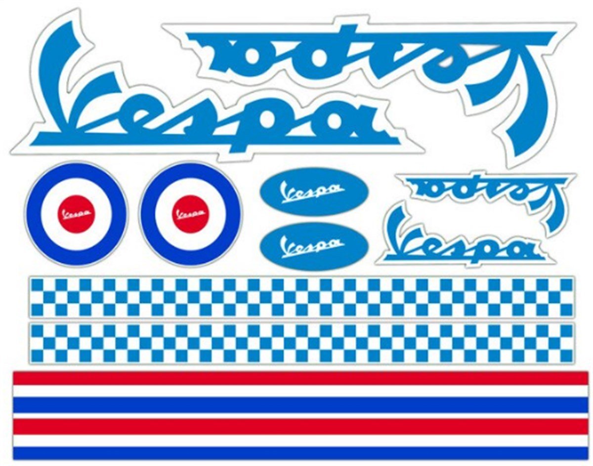 Piaggio Vespa Kask Kırmızı ve Açık Mavi Sticker Etiket Modeli