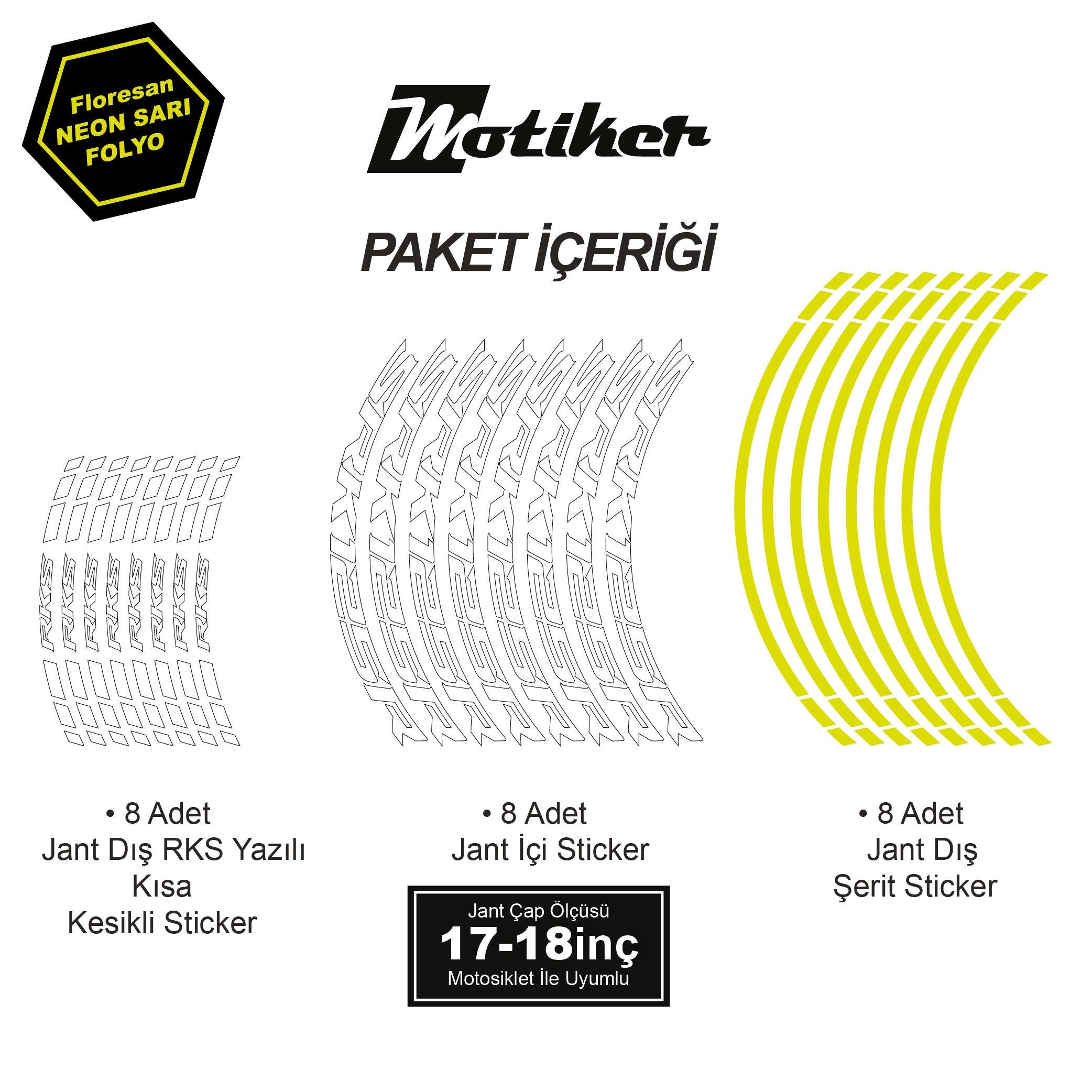 RKSRKS (QJ MOTOR) SRK 125R Motosiklet Jant İç ve Dış Set Sticker Etiket Modeli Neon Sarı (Yeşil)
