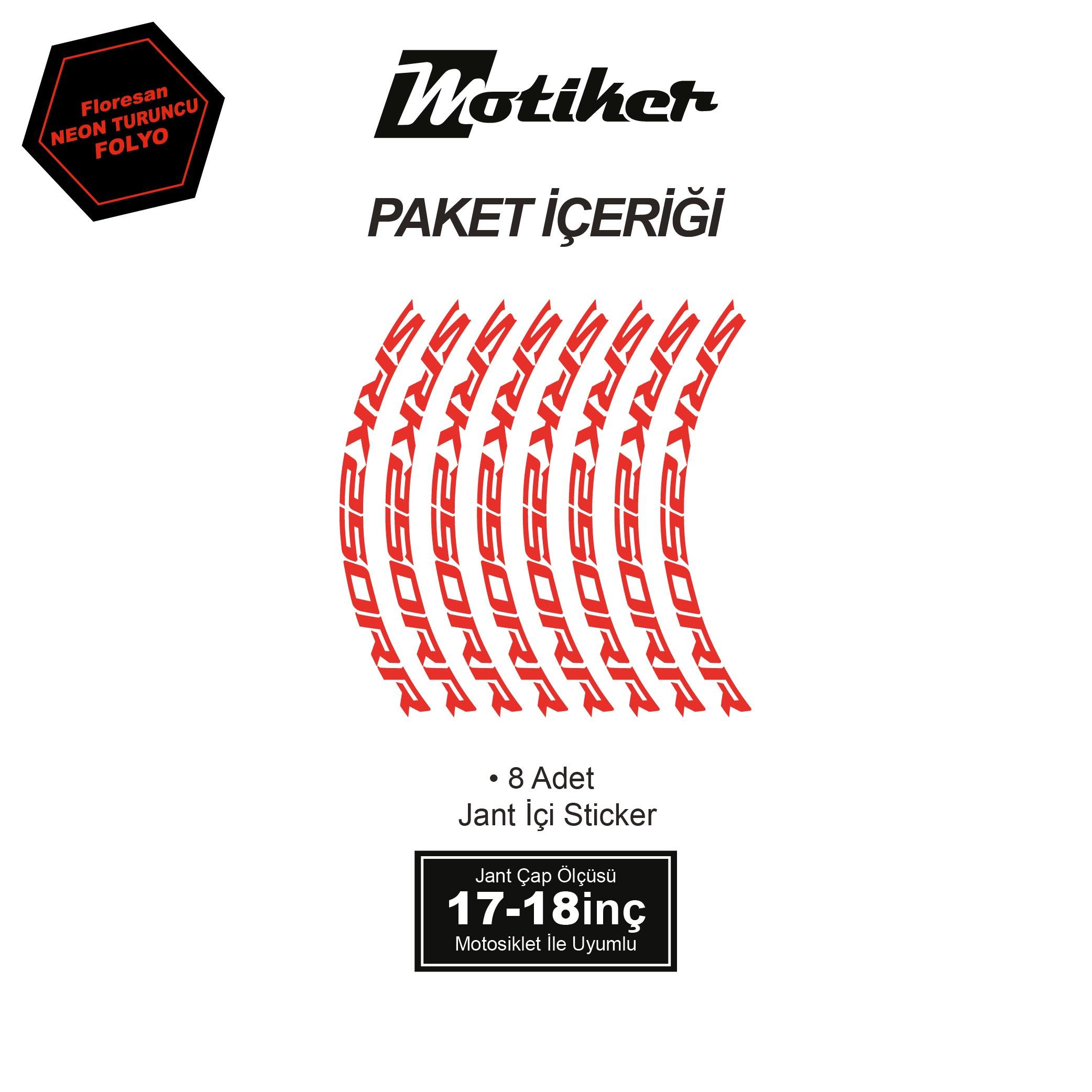 RKSRKS (QJ MOTOR) SRK 250RR Motosiklet Jant İç ve Dış Set Sticker Etiket Modeli Neon Turuncu
