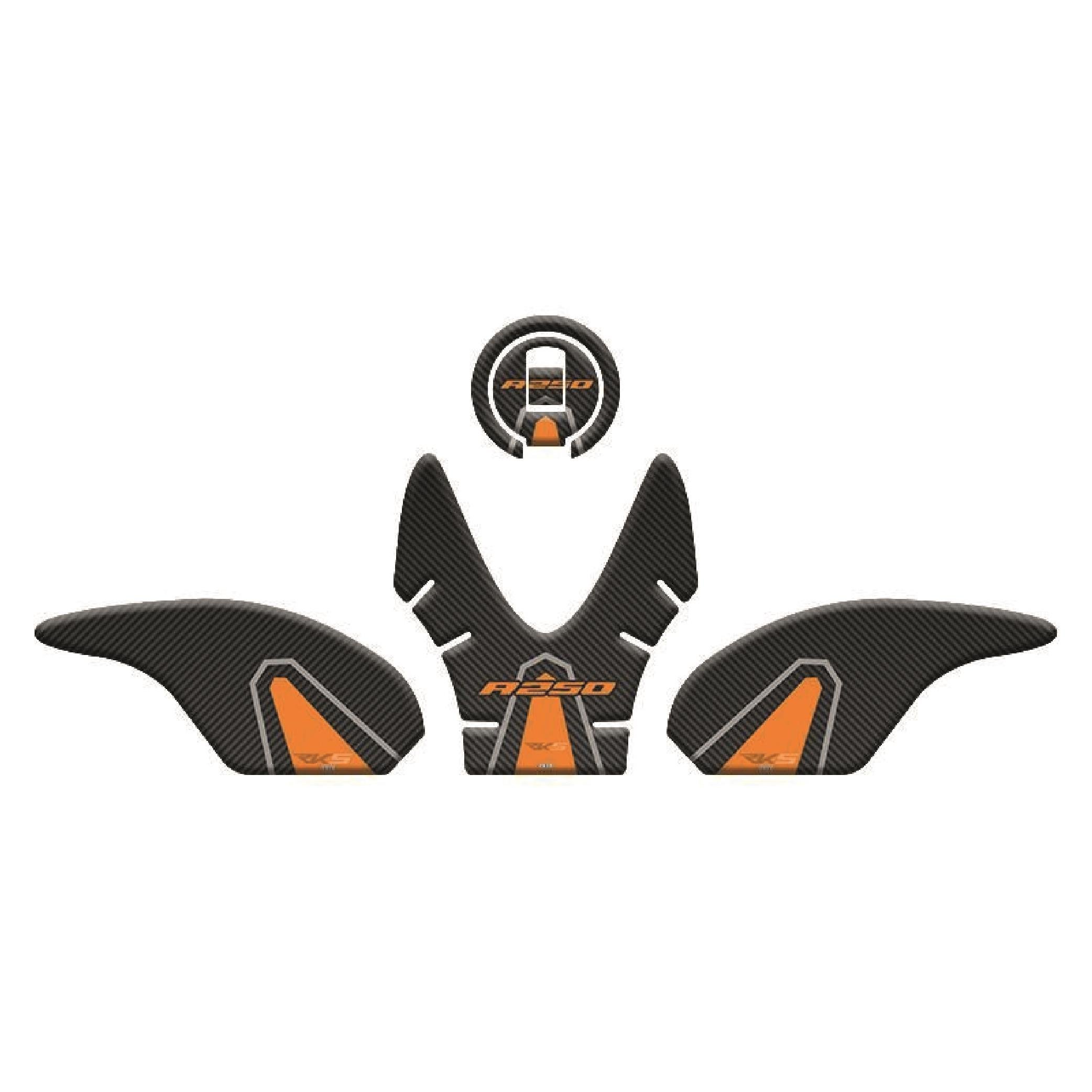 RKSRKS R 250 Motosiklet Tank Pad Sticker Etiket Turuncu Beyaz Çizgili Karbon Desenli Modeli