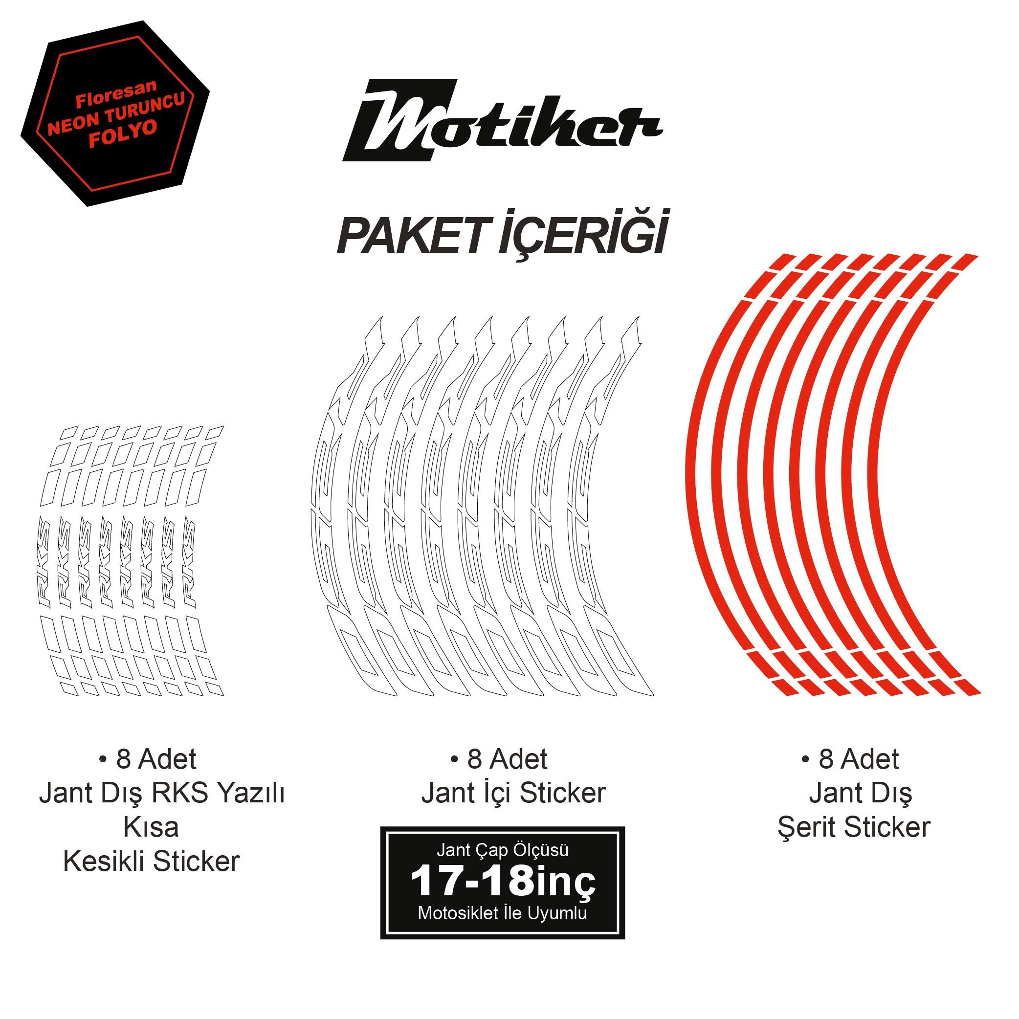 RKSRKS R250 Motosiklet Jant İç ve Dış Set Sticker Etiket Modeli Neon Turuncu