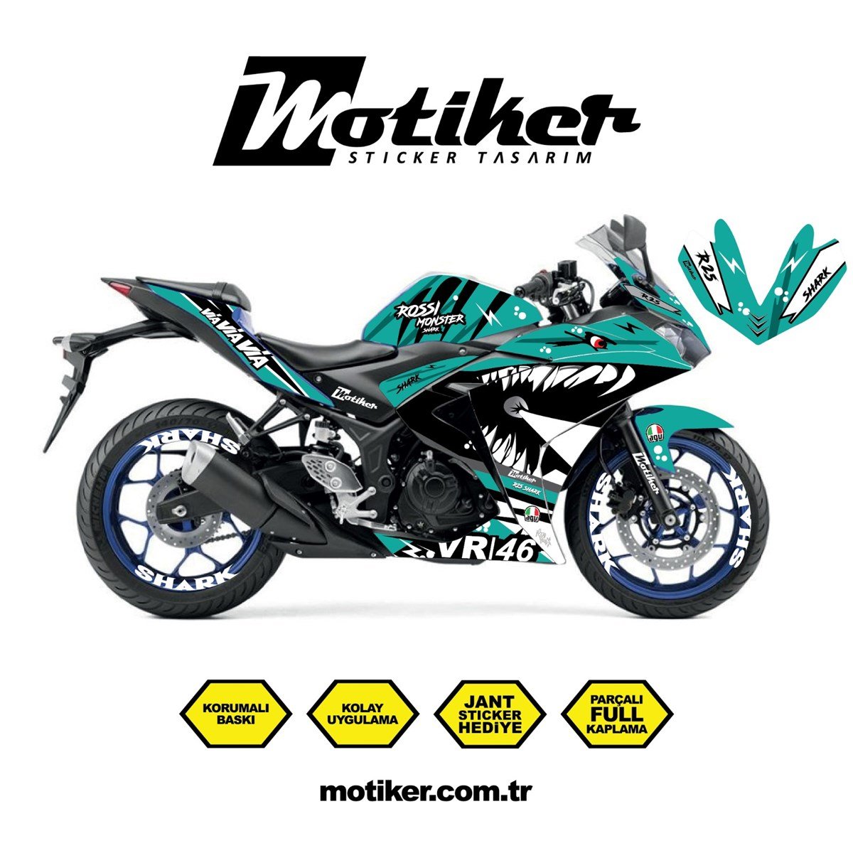 Yamaha YZF R25 Rossi Köpek Balığı Shark Sticker Etiket Kaplama Modeli Turkuaz