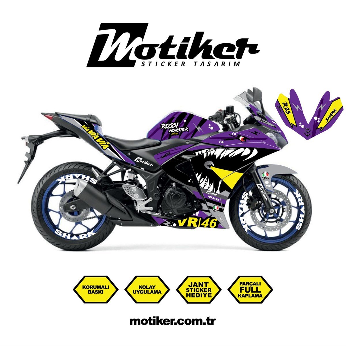 Yamaha YZF R25 Rossi Köpek Balığı Shark Sticker Etiket Kaplama Modeli Mor