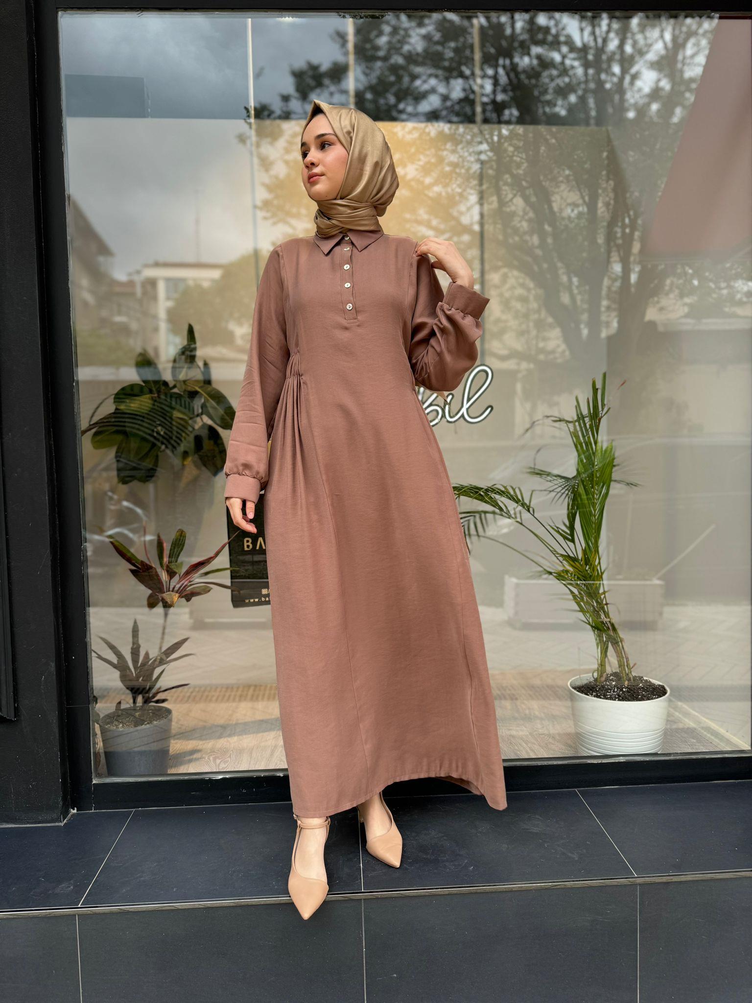 Almarwah Beli Büzgülü Elbise Açık Kahverengi 303729