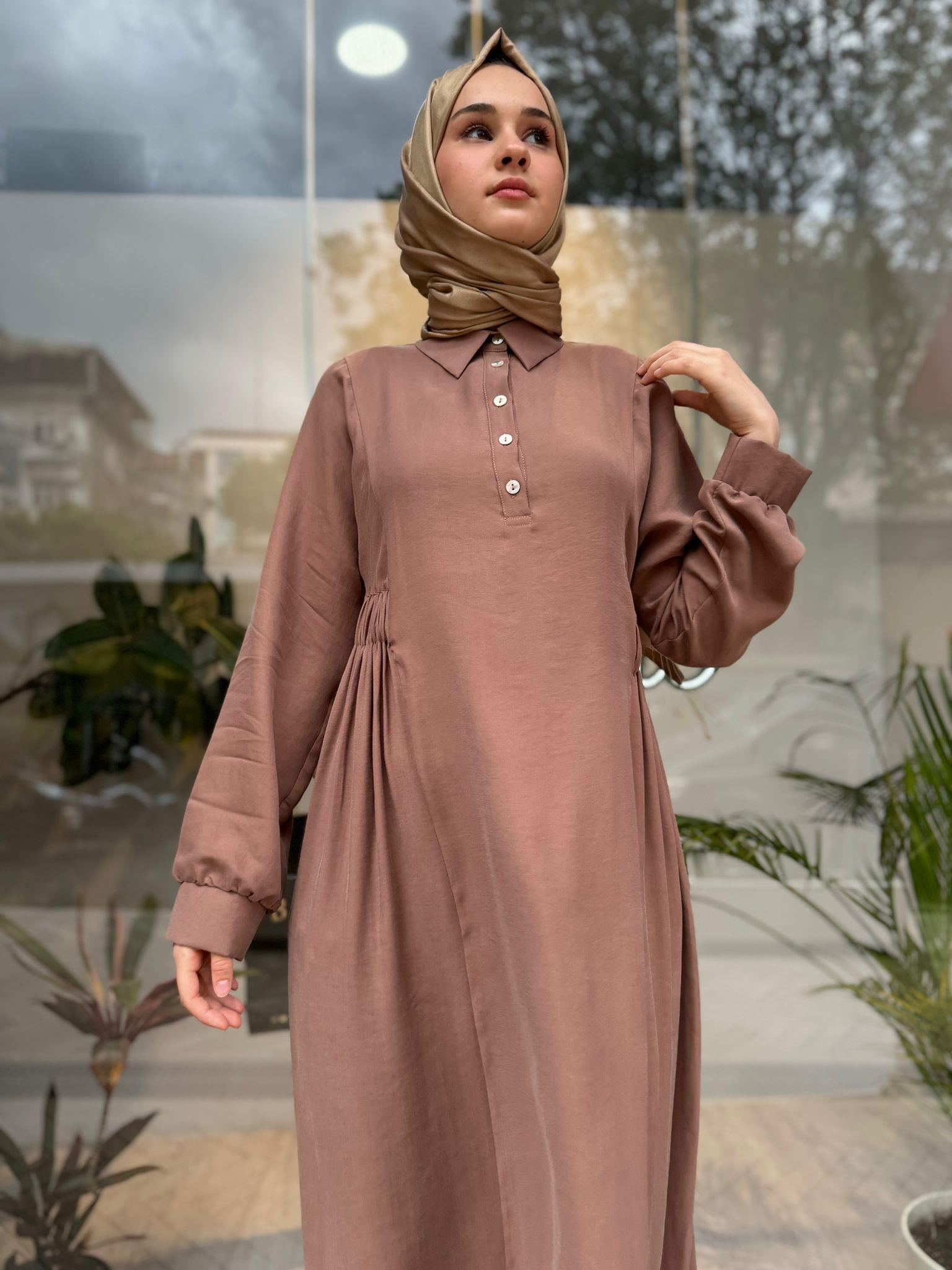 Almarwah Beli Büzgülü Elbise Açık Kahverengi 303729