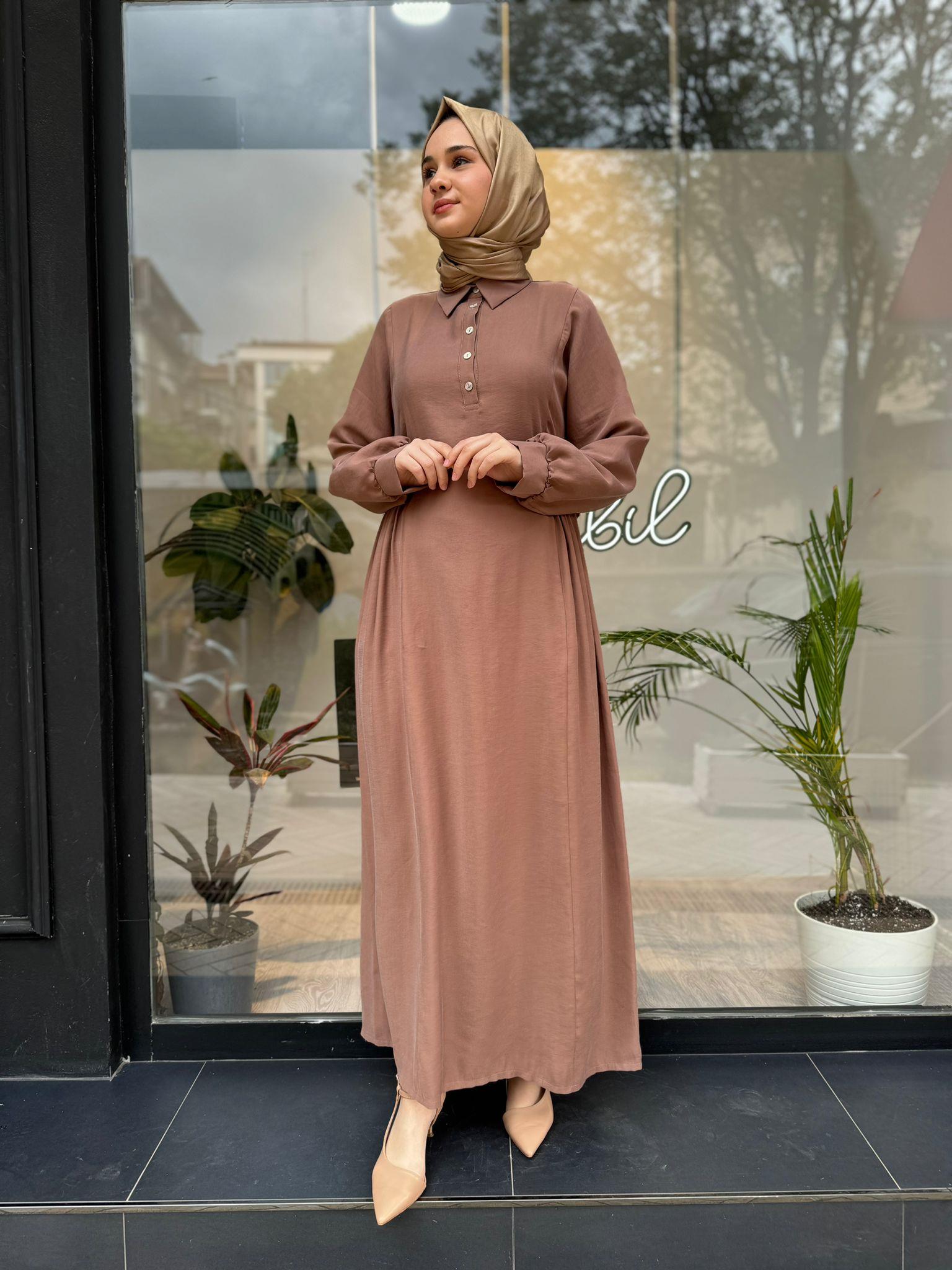 Almarwah Beli Büzgülü Elbise Açık Kahverengi 303729