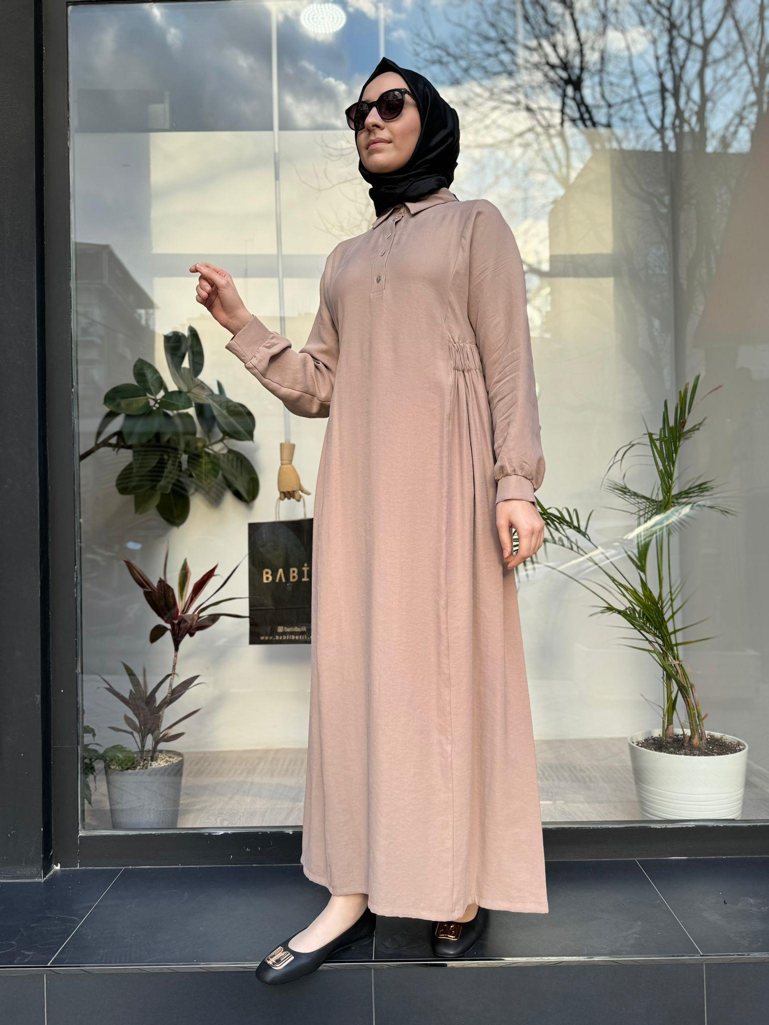Almarwah Beli Büzgülü Elbise Bej 303729