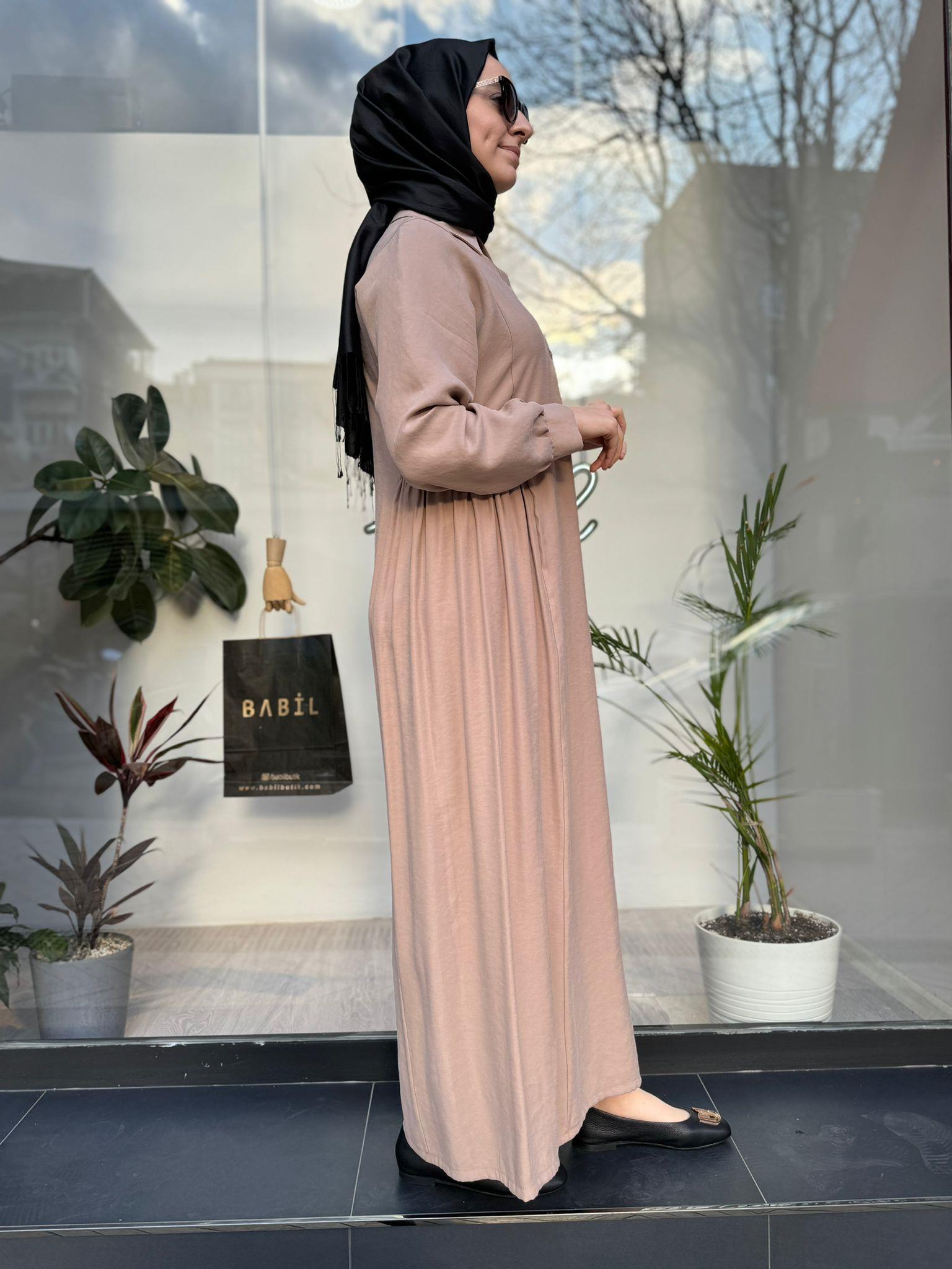 Almarwah Beli Büzgülü Elbise Bej 303729