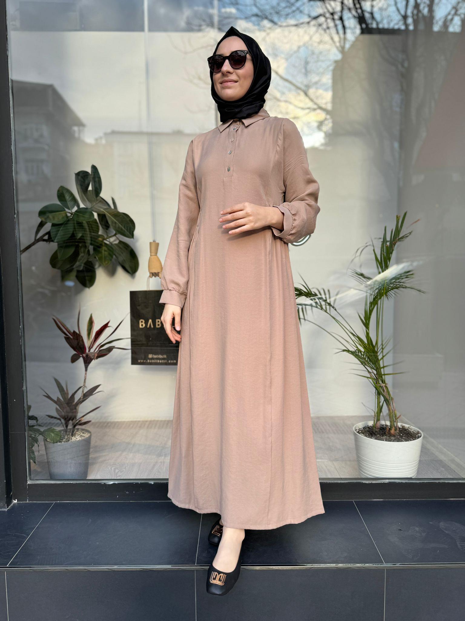 Almarwah Beli Büzgülü Elbise Bej 303729