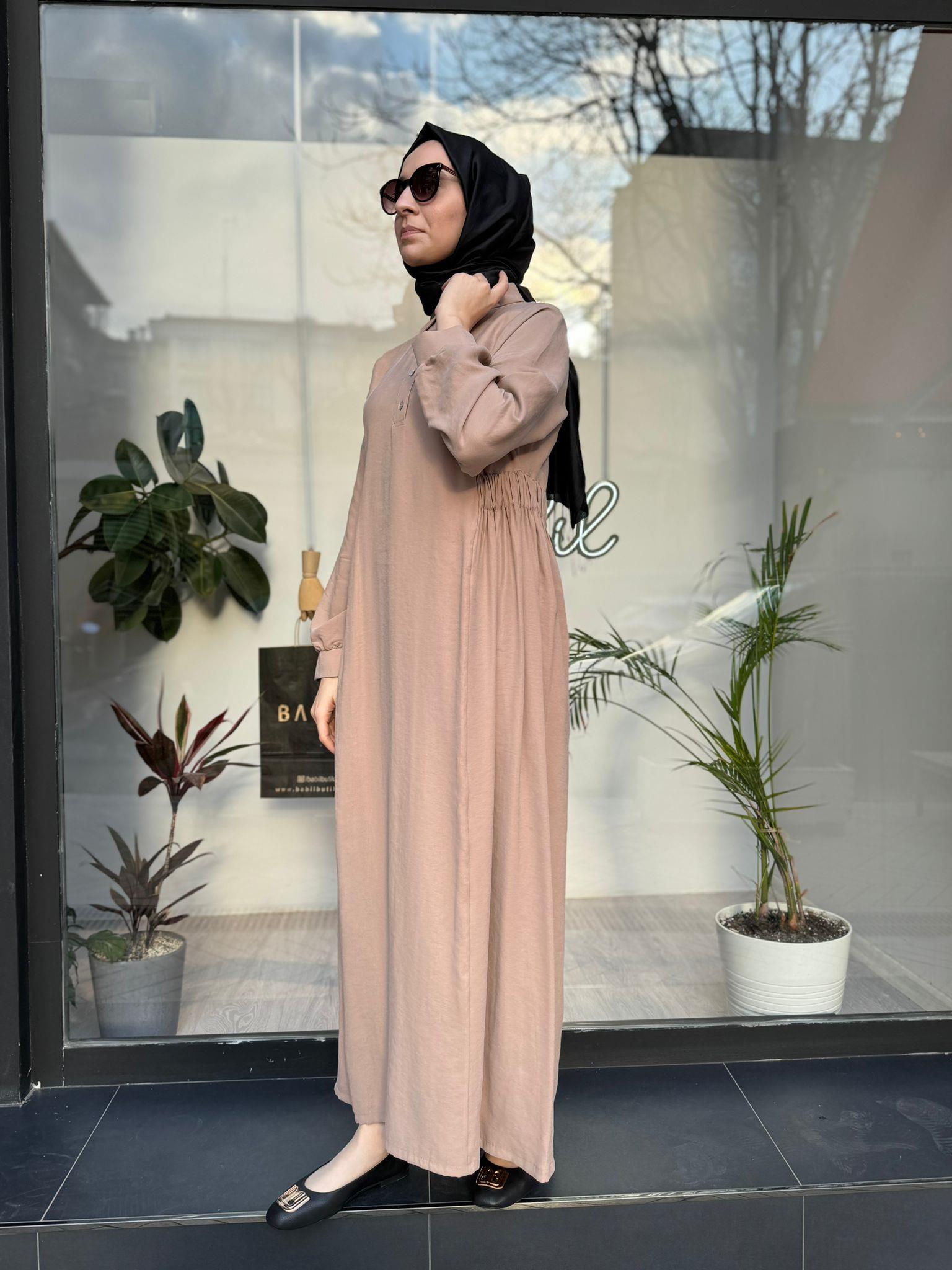 Almarwah Beli Büzgülü Elbise Bej 303729