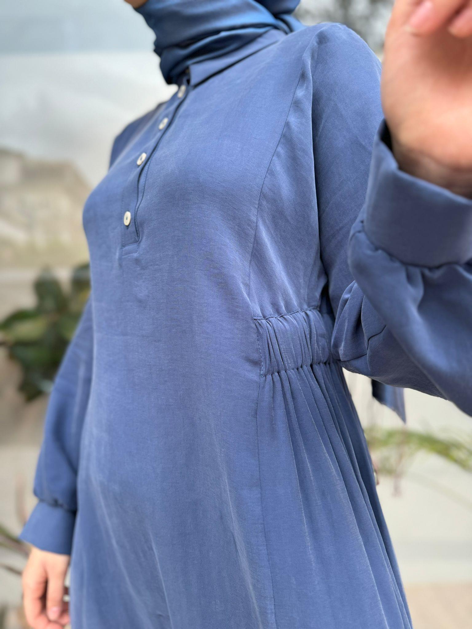Almarwah Beli Büzgülü Elbise İndigo 303729