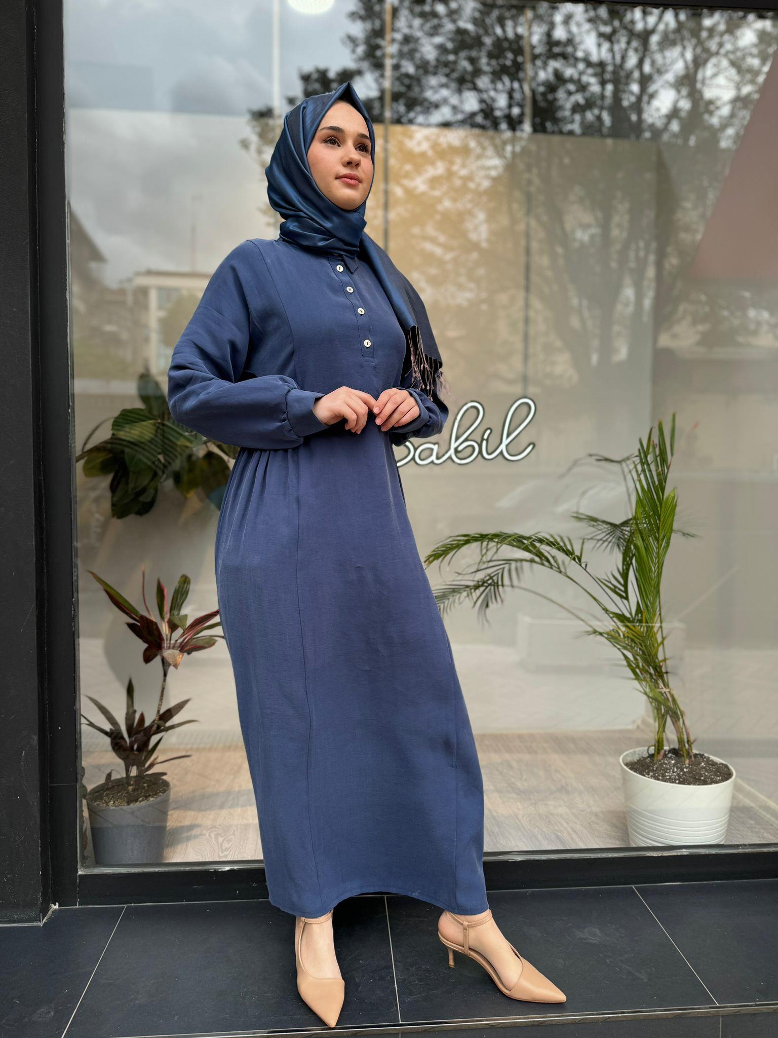 Almarwah Beli Büzgülü Elbise İndigo 303729