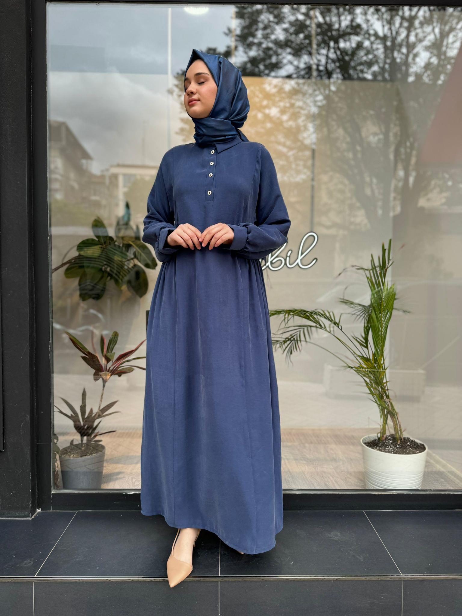 Almarwah Beli Büzgülü Elbise İndigo 303729