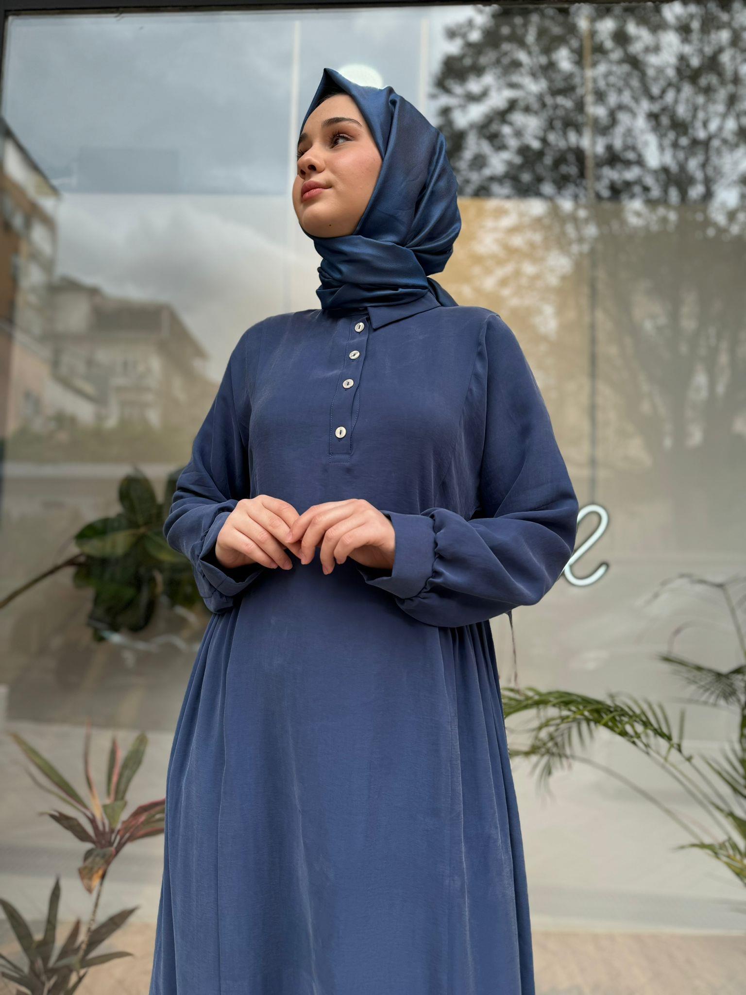 Almarwah Beli Büzgülü Elbise İndigo 303729