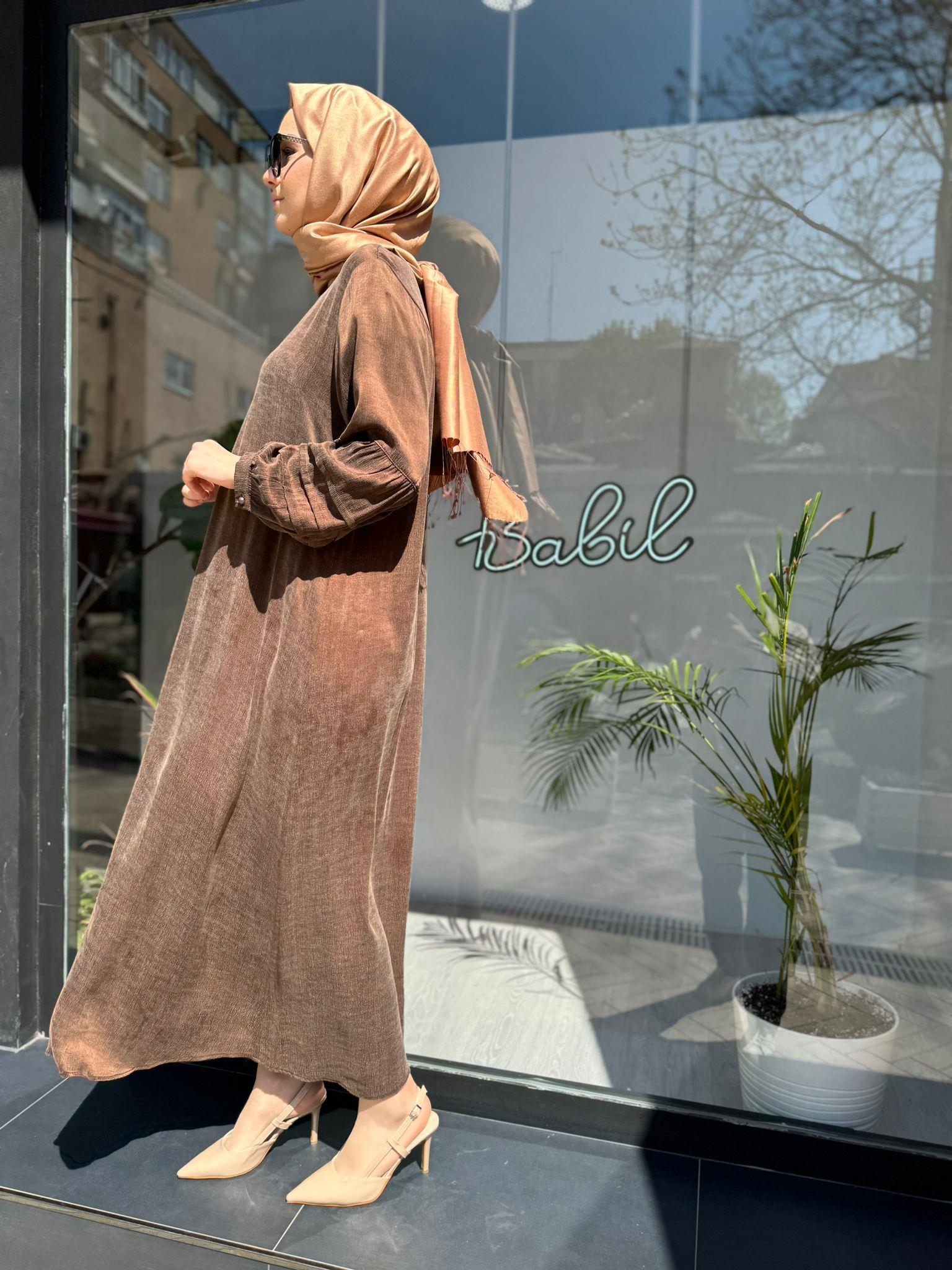 Almarwah Büyük Beden İpek Elbise Kahve 50652