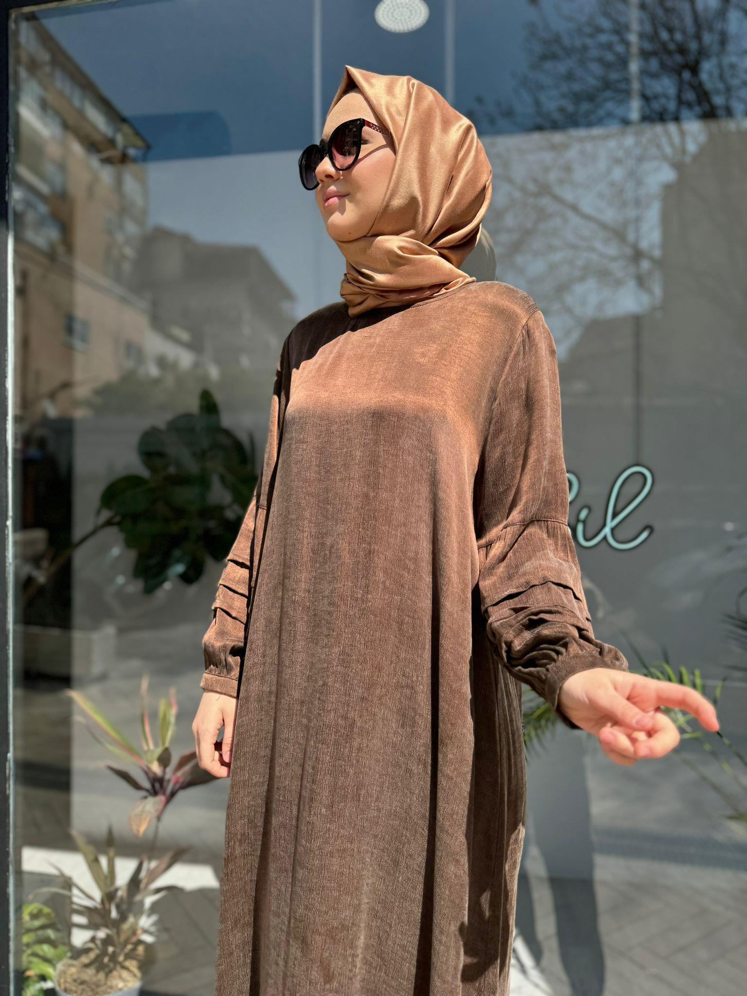 Almarwah Büyük Beden İpek Elbise Kahve 50652