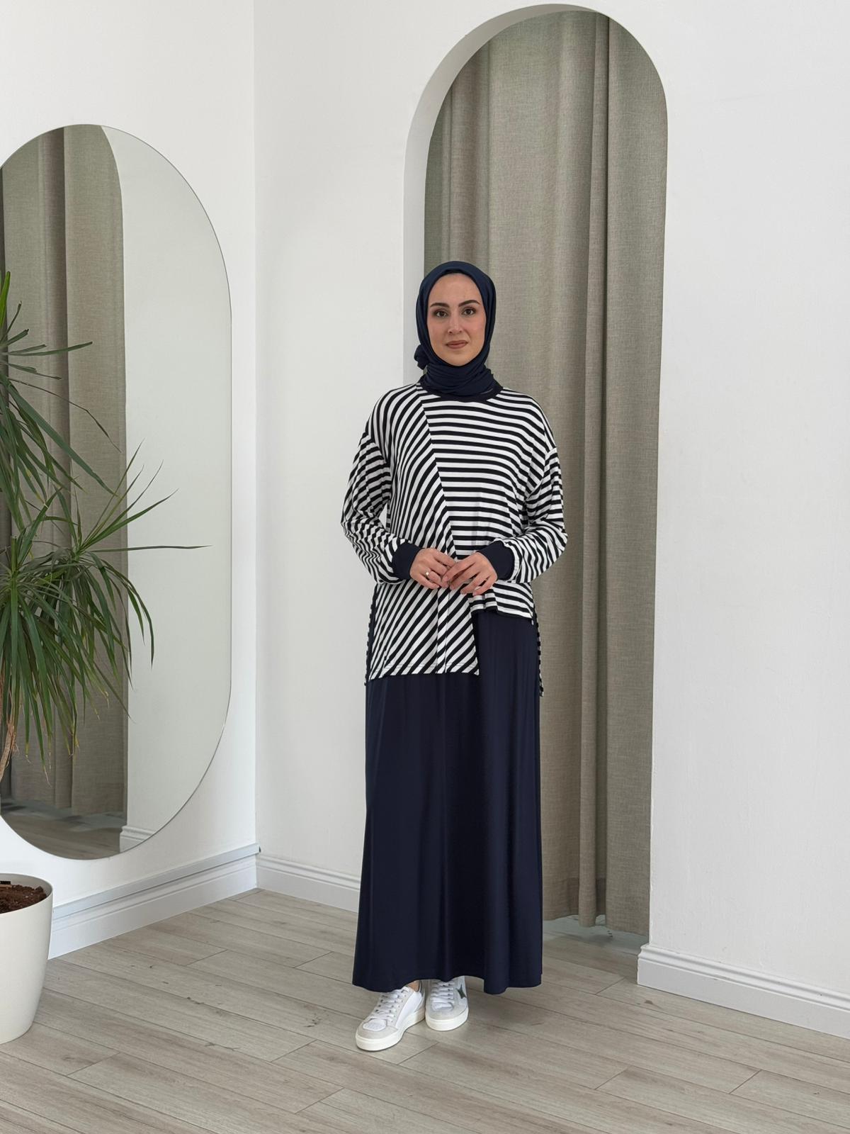 Almarwah Çizgi Detaylı İkili Elbiseli Takım Lacivert 202793