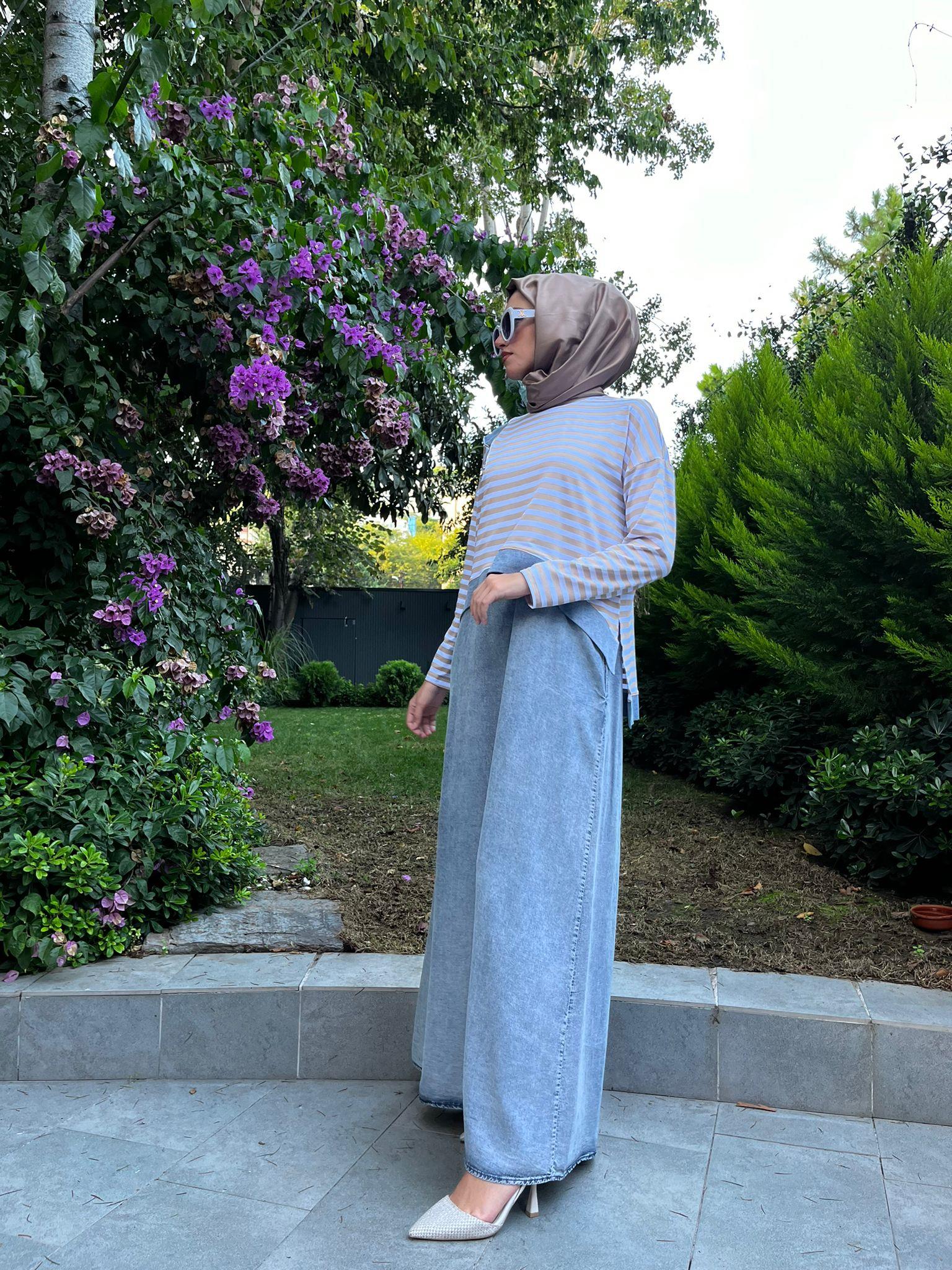 Almarwah Çizgili Elbise Bej 202630