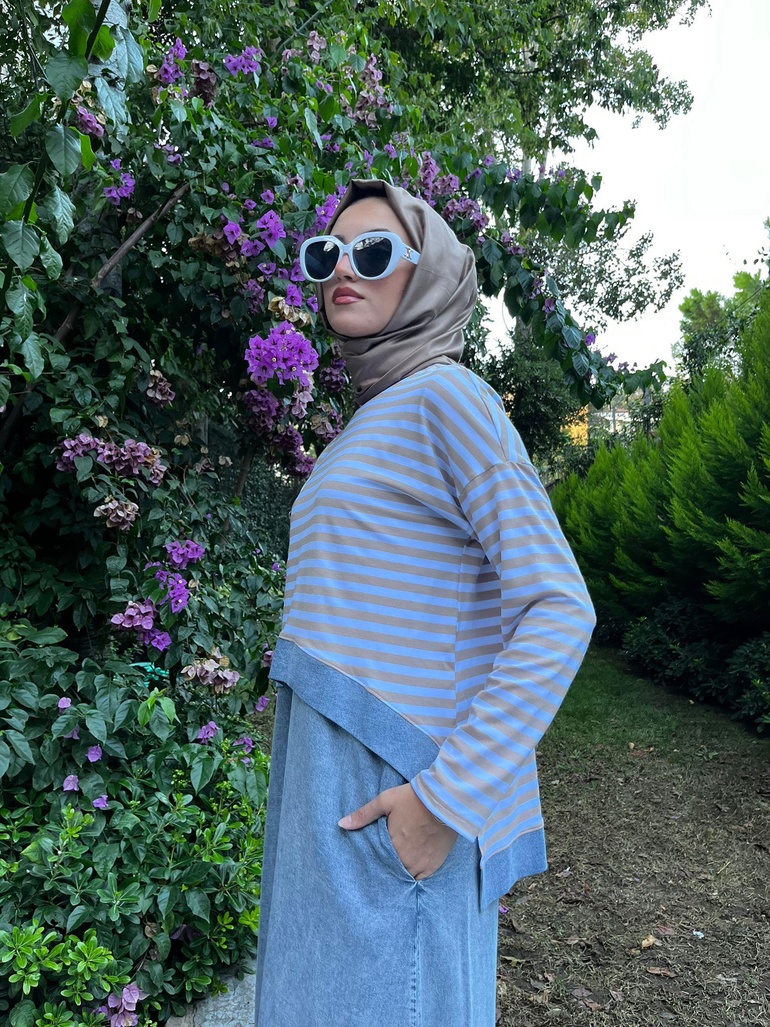 Almarwah Çizgili Elbise Bej 202630