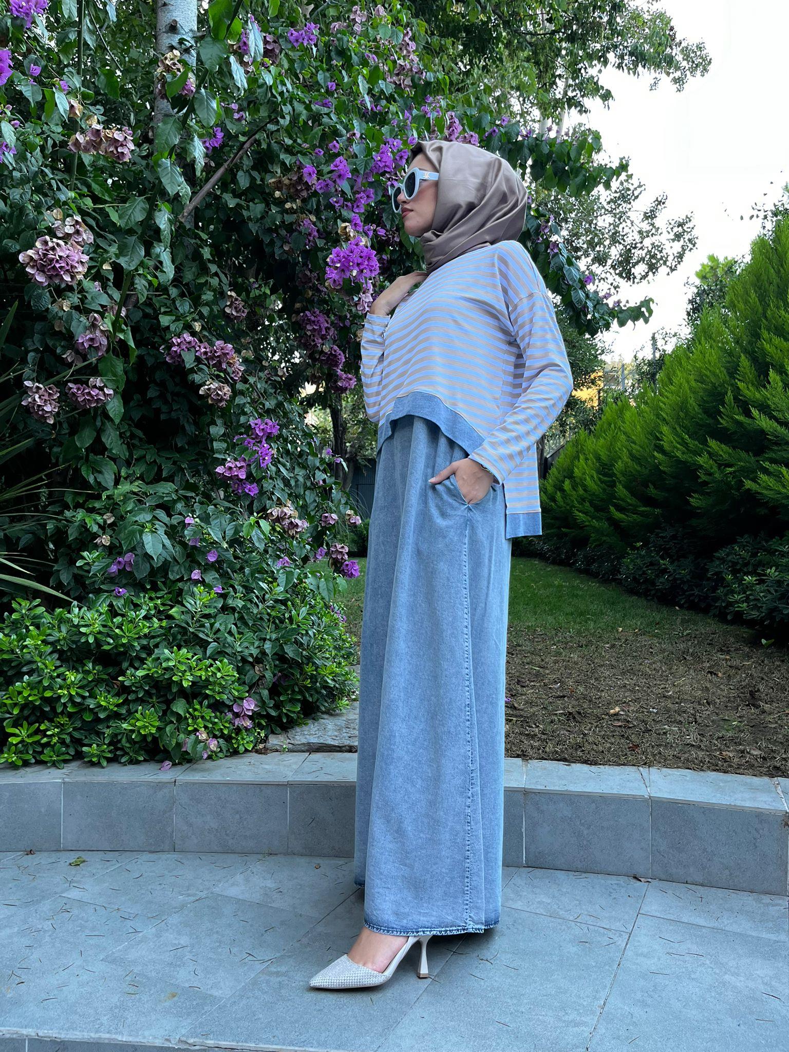 Almarwah Çizgili Elbise Bej 202630