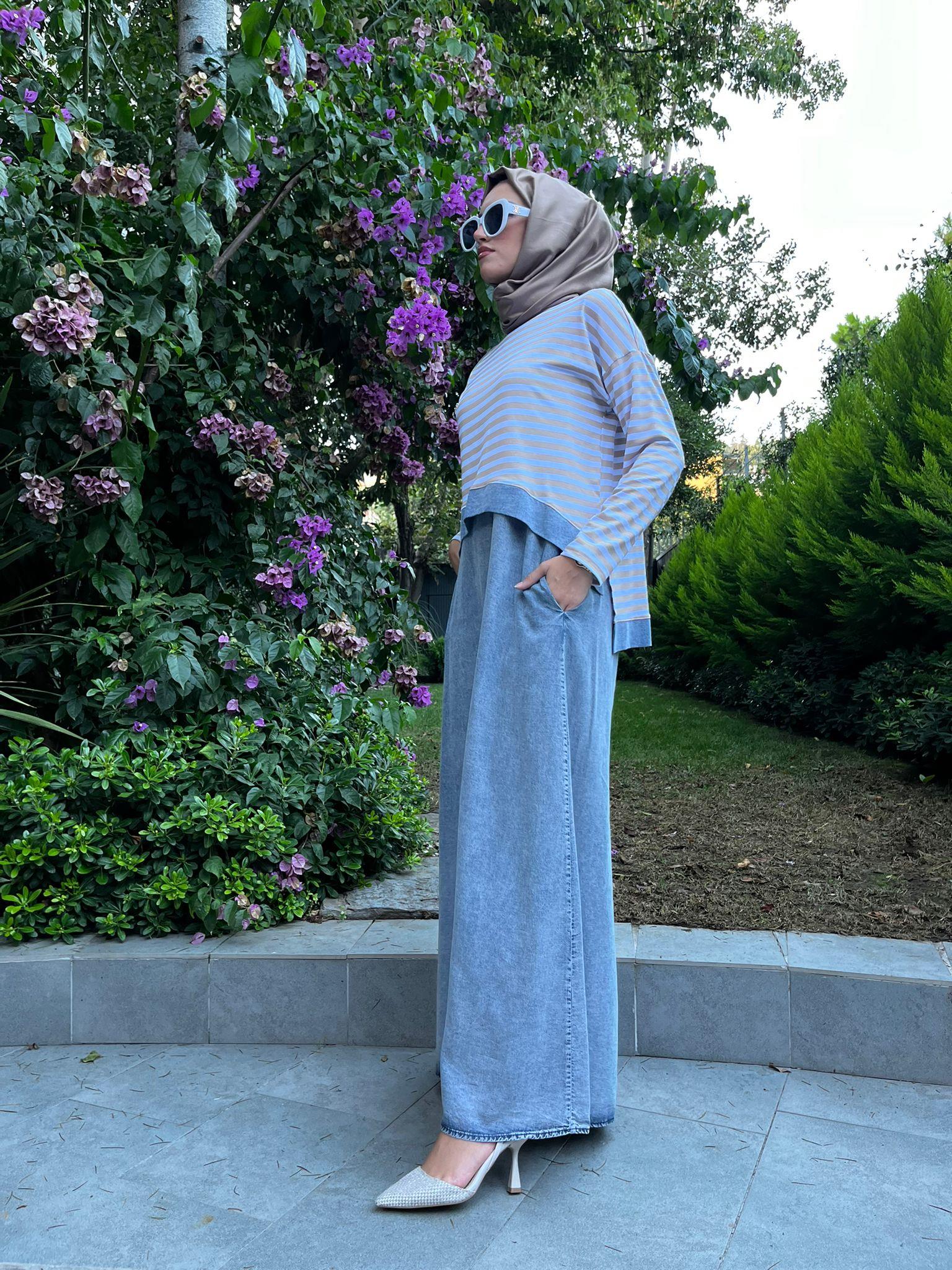 Almarwah Çizgili Elbise Bej 202630