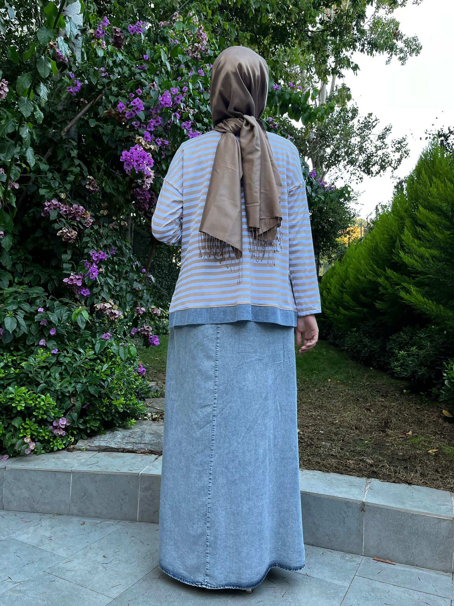 Almarwah Çizgili Elbise Bej 202630