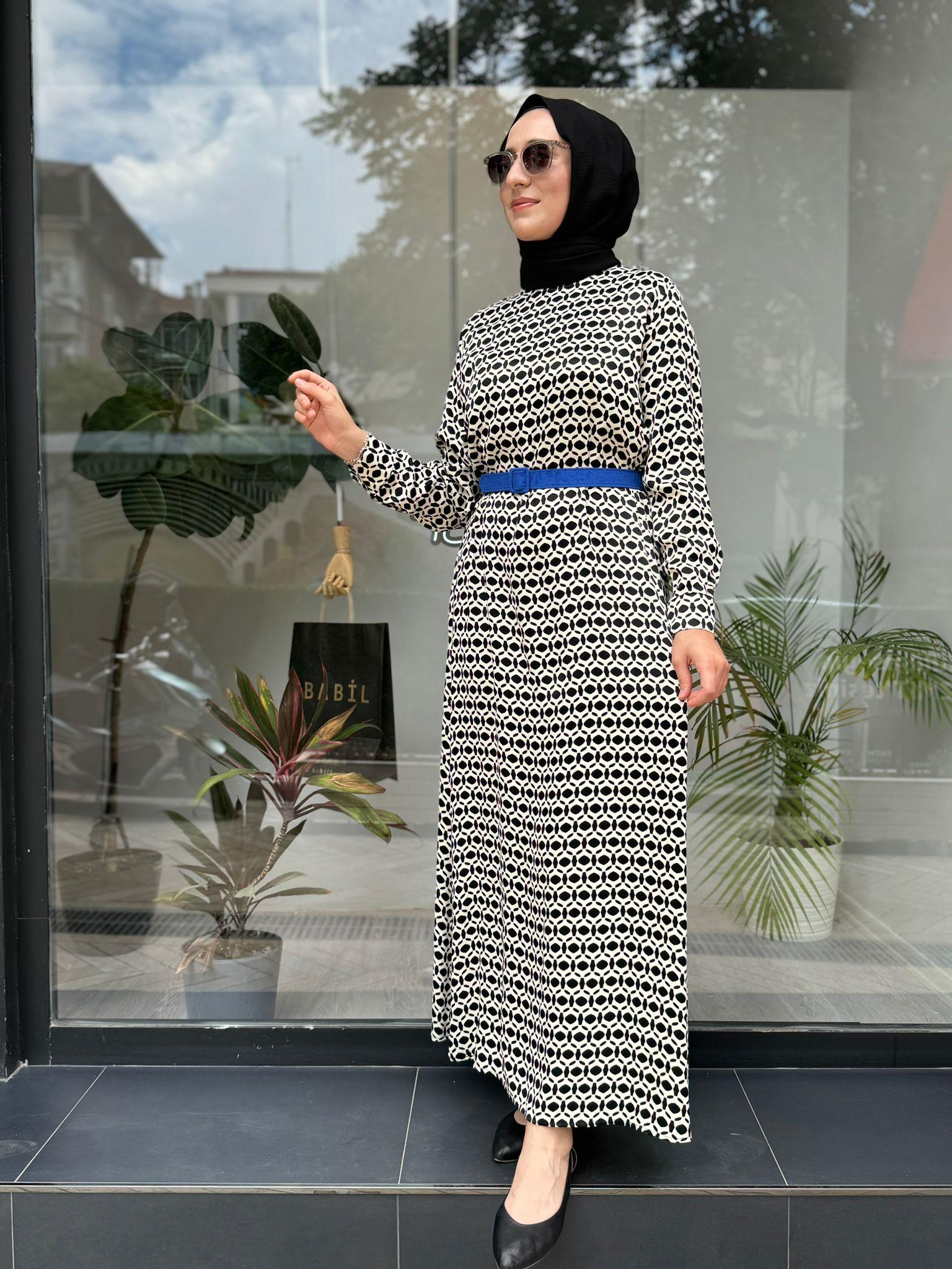 Almarwah Desenli Elbise Beyaz 303764