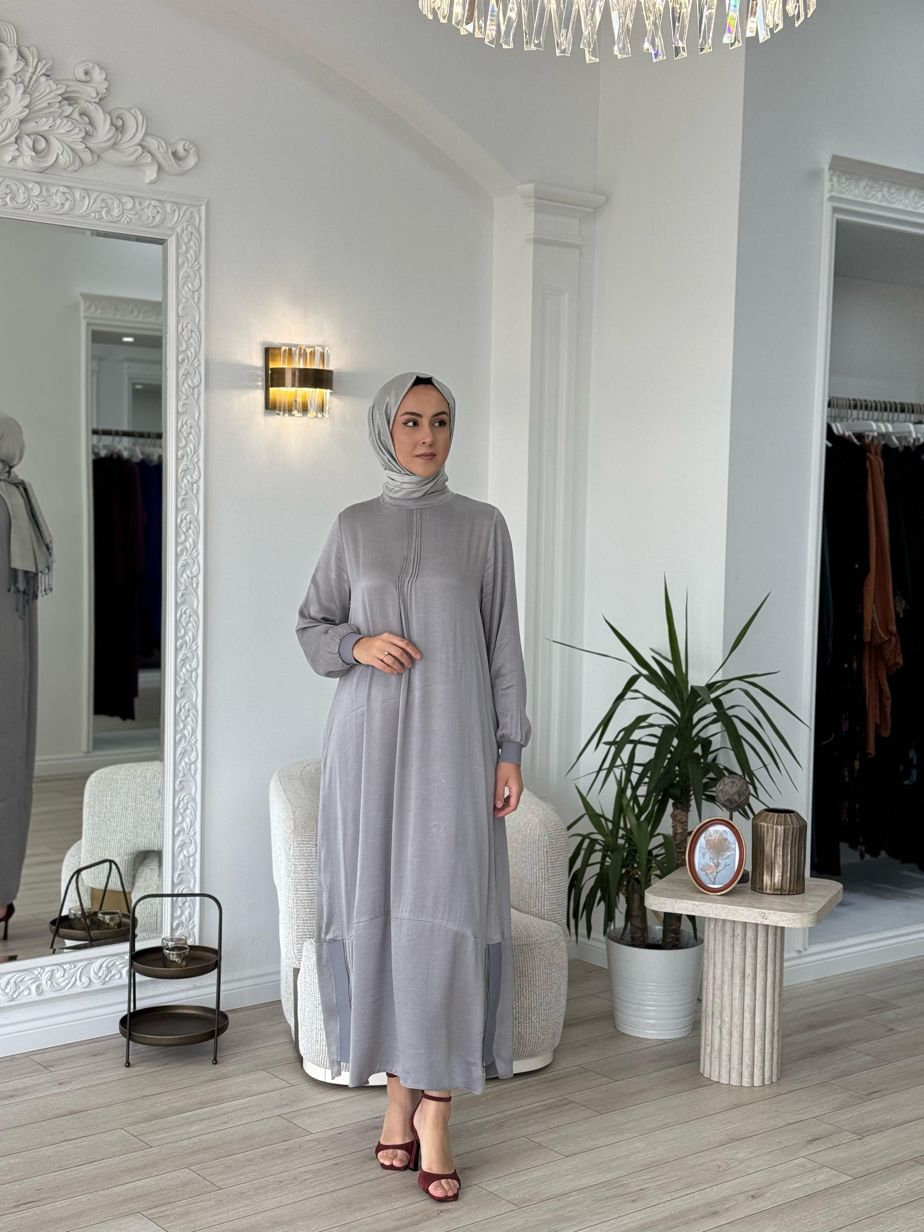 Almarwah Fermuar Detaylı Cupra Elbise Gri 303809
