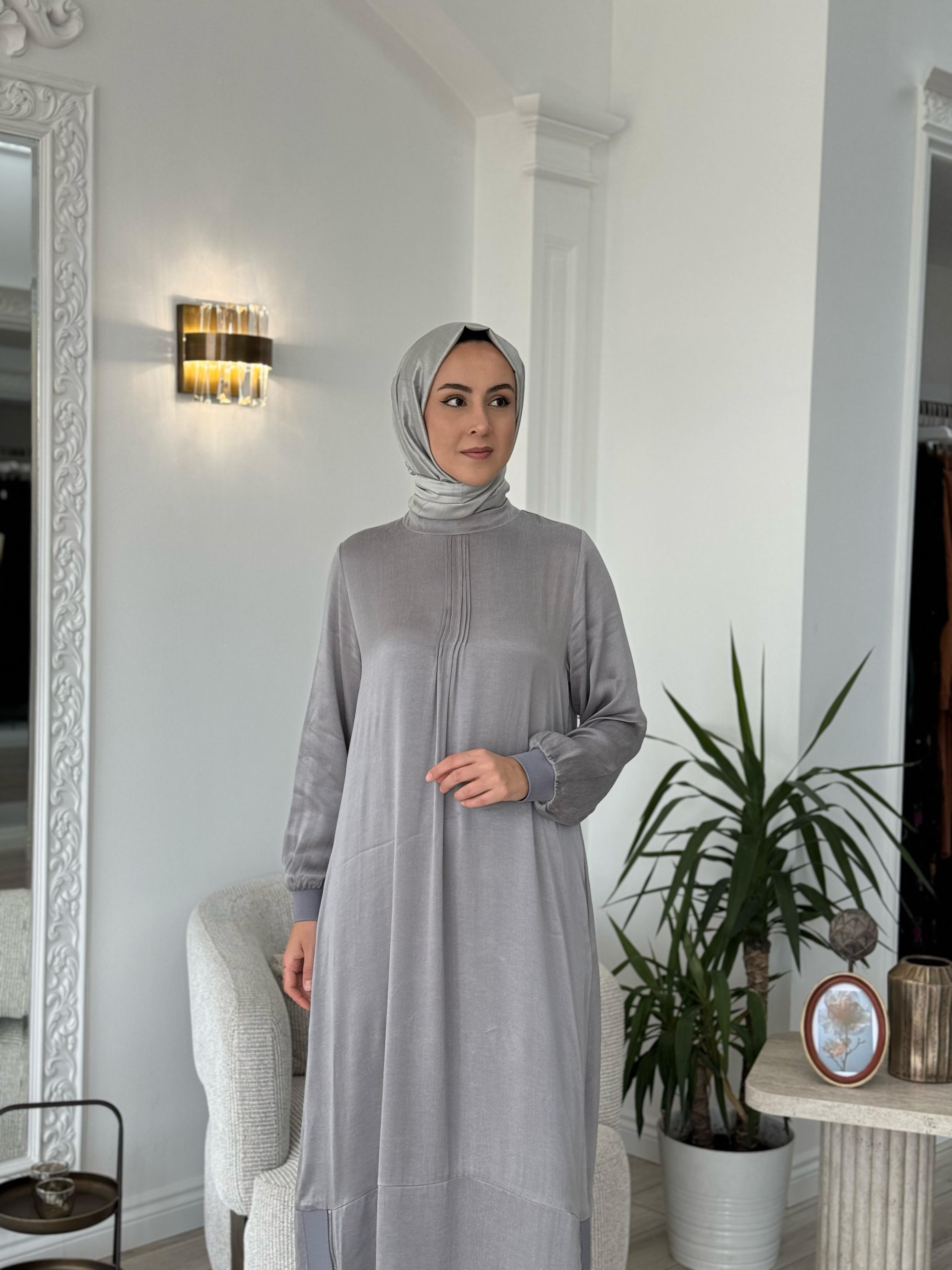 Almarwah Fermuar Detaylı Cupra Elbise Gri 303809
