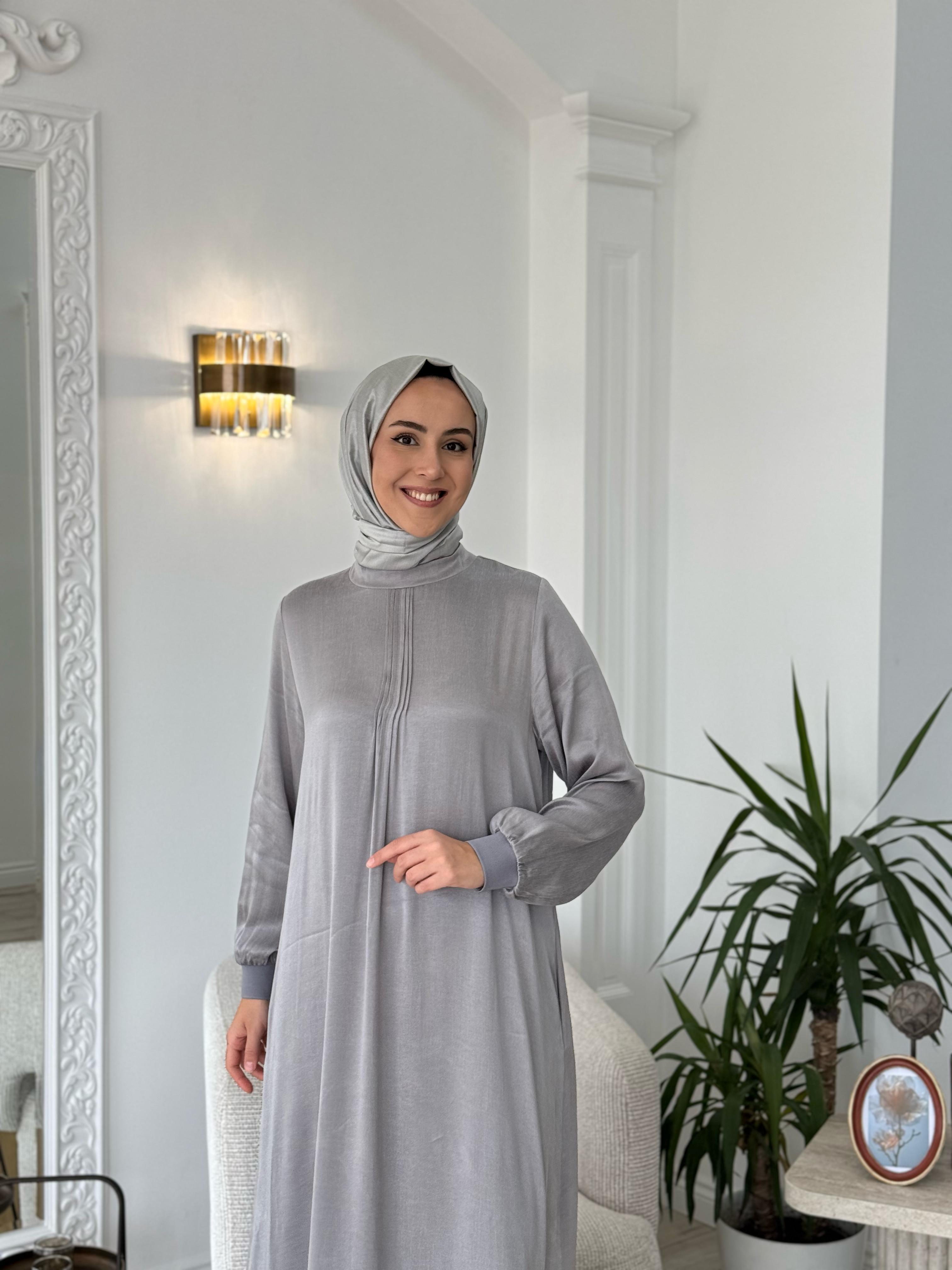 Almarwah Fermuar Detaylı Cupra Elbise Gri 303809
