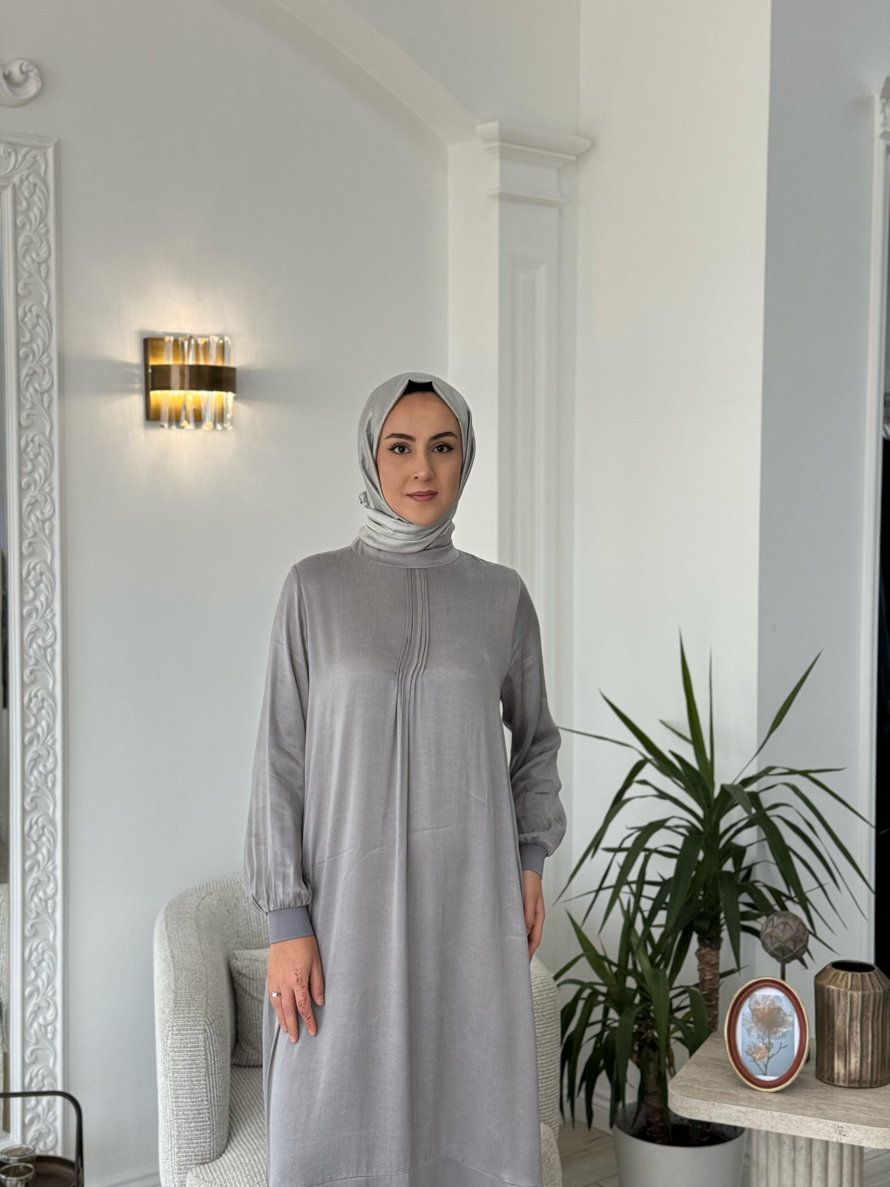Almarwah Fermuar Detaylı Cupra Elbise Gri 303809