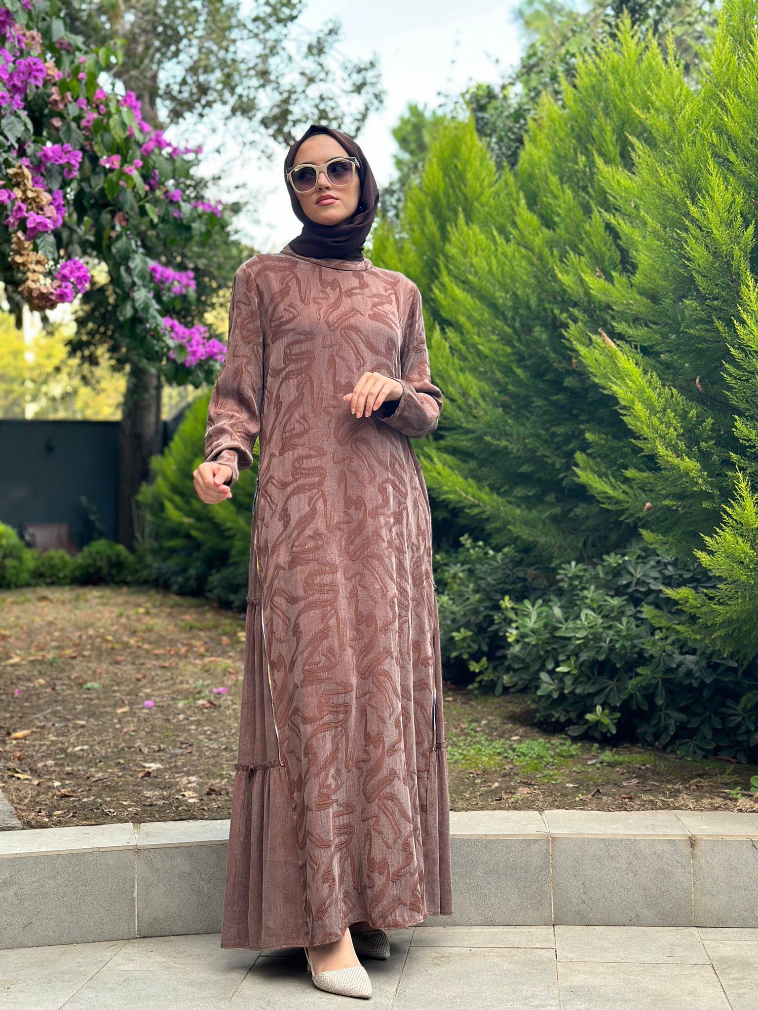 Almarwah Fermuar Detaylı Elbise Kahverengi 303765