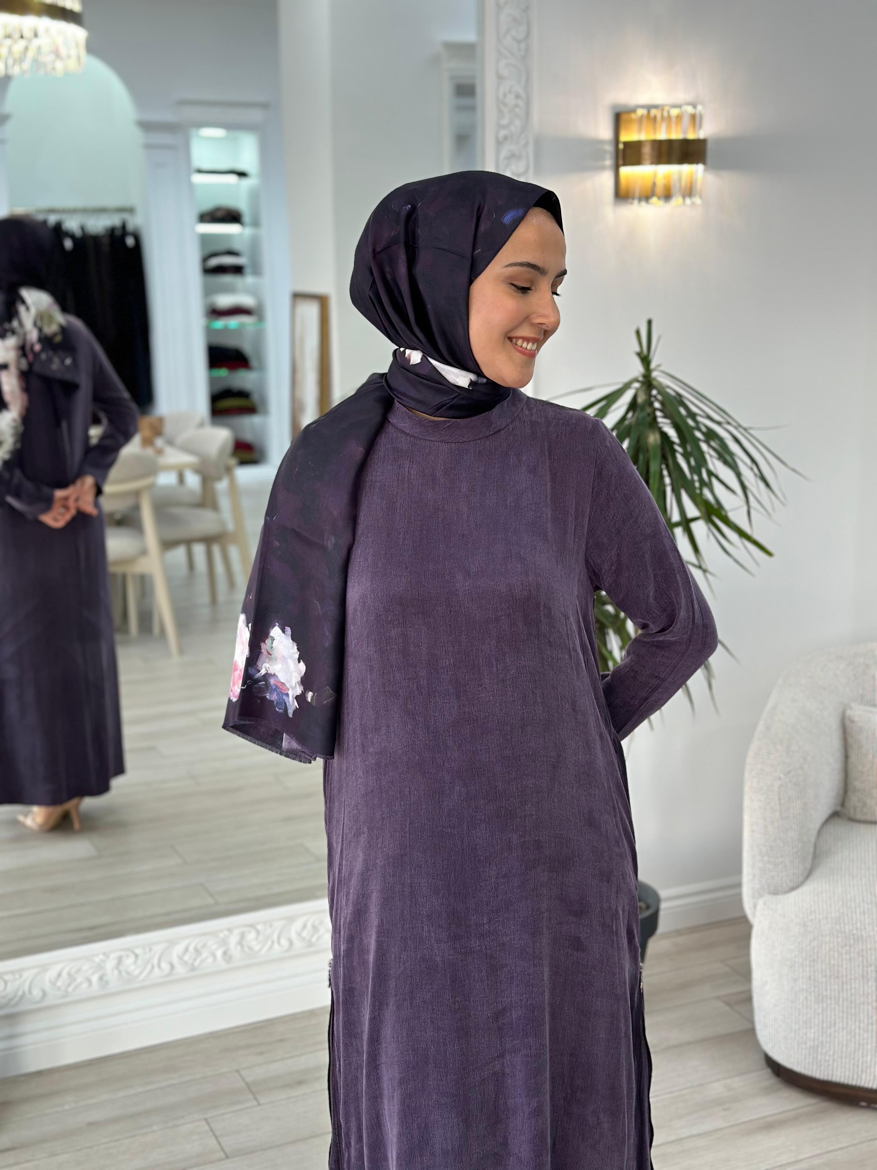 Almarwah Fermuar Detaylı Elbise Mor 303765
