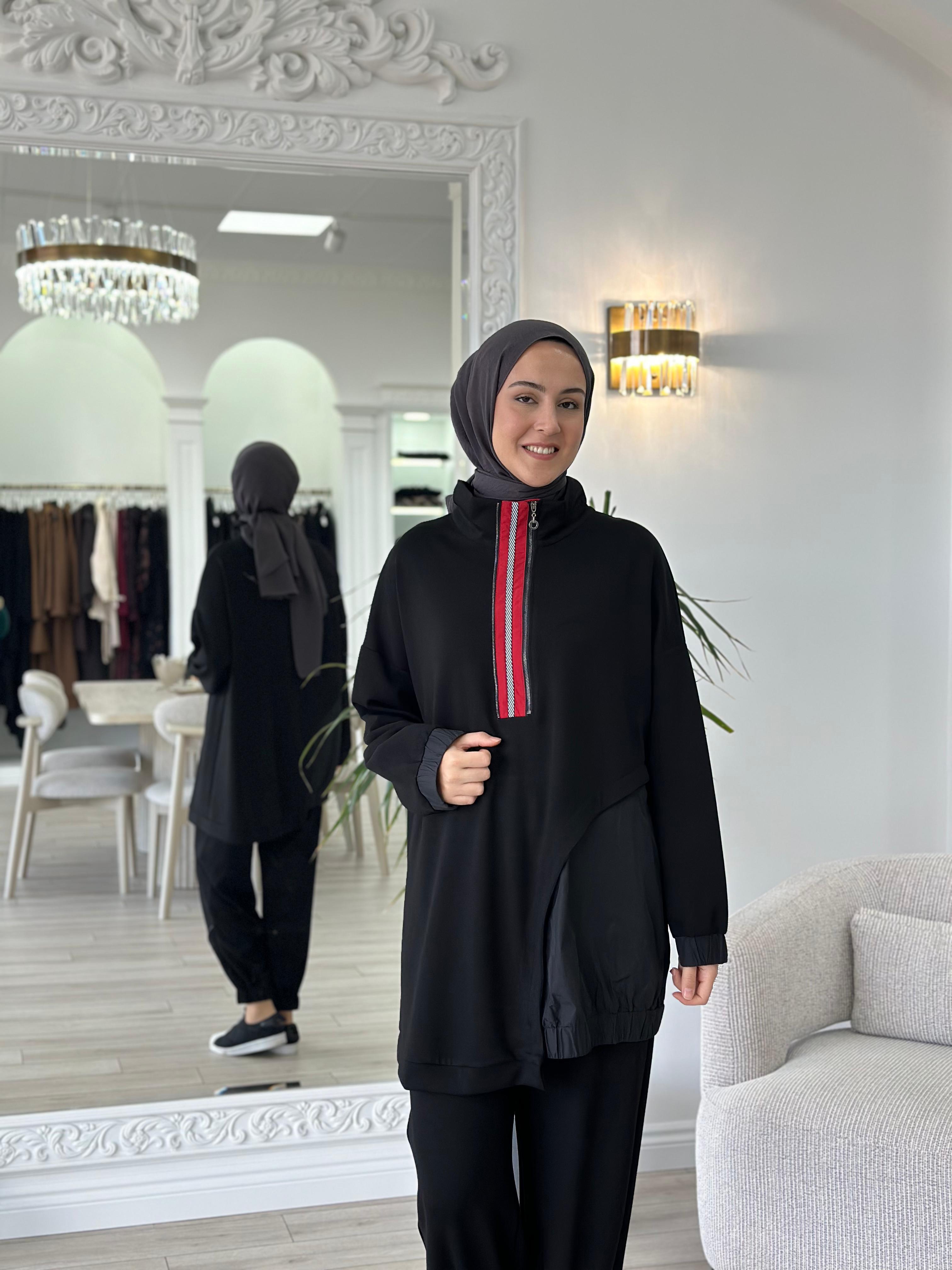 Almarwah Fermuar Detaylı Kırmızı Şeritli Eşofman Takımı Siyah 202639