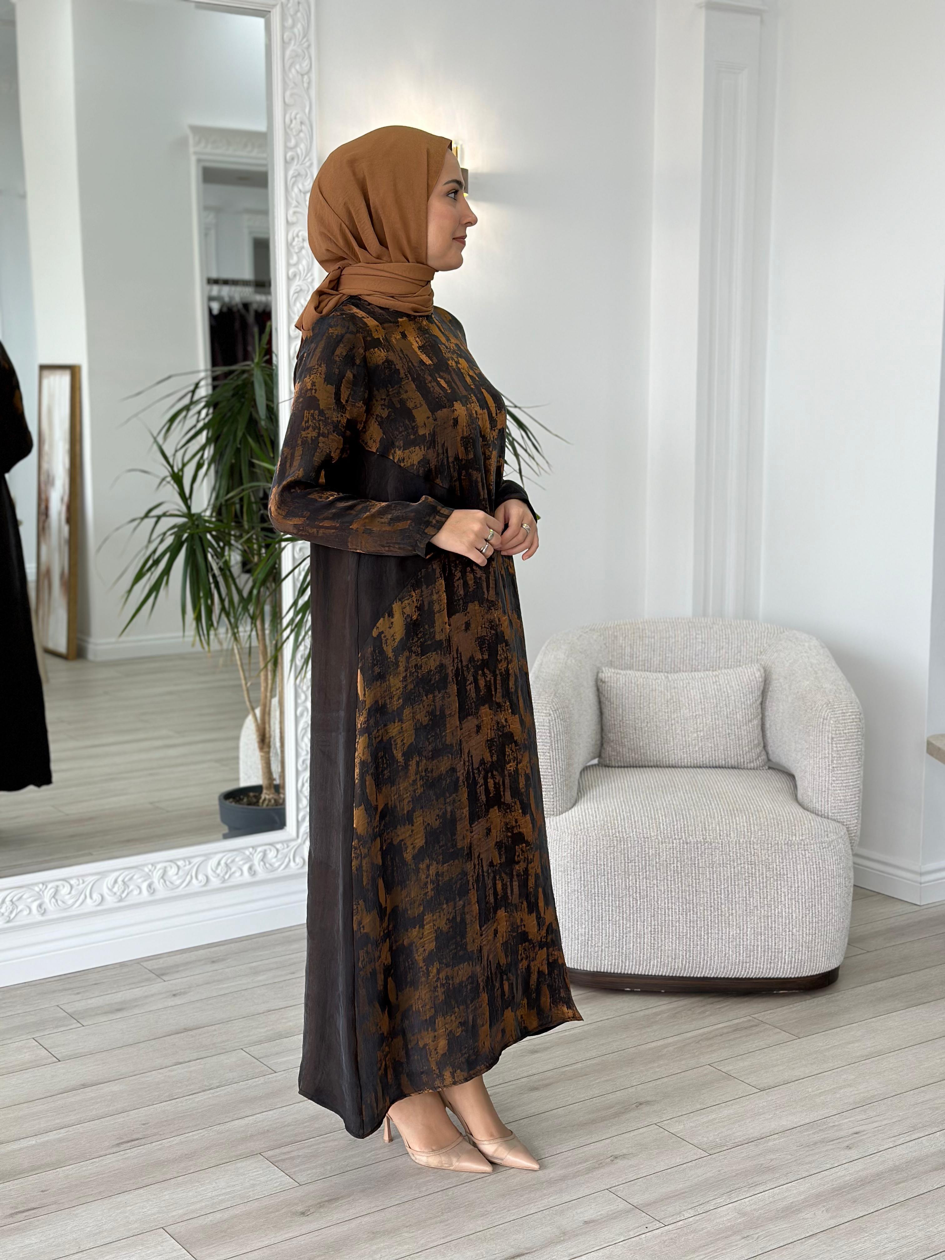 Almarwah Gold Desenli Elbise Siyah 303772