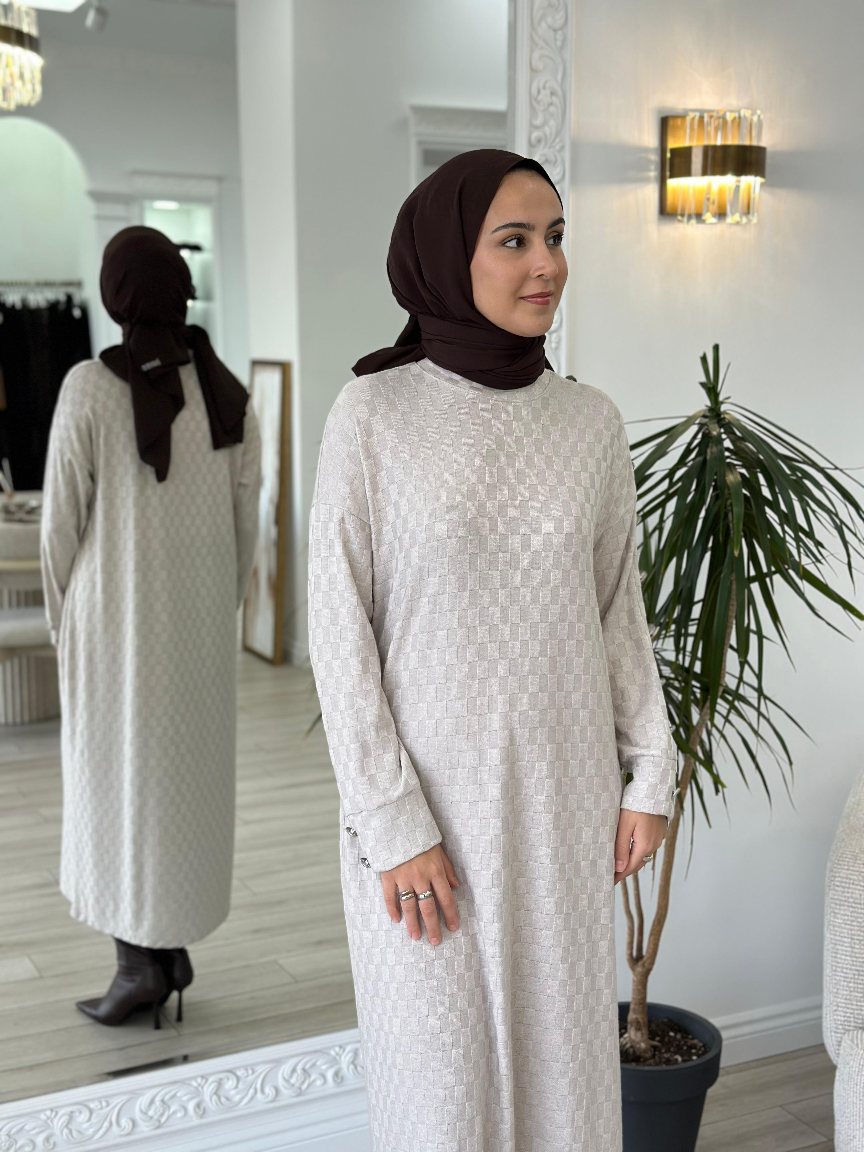 Almarwah Kare Desenli Elbise Bej 303792