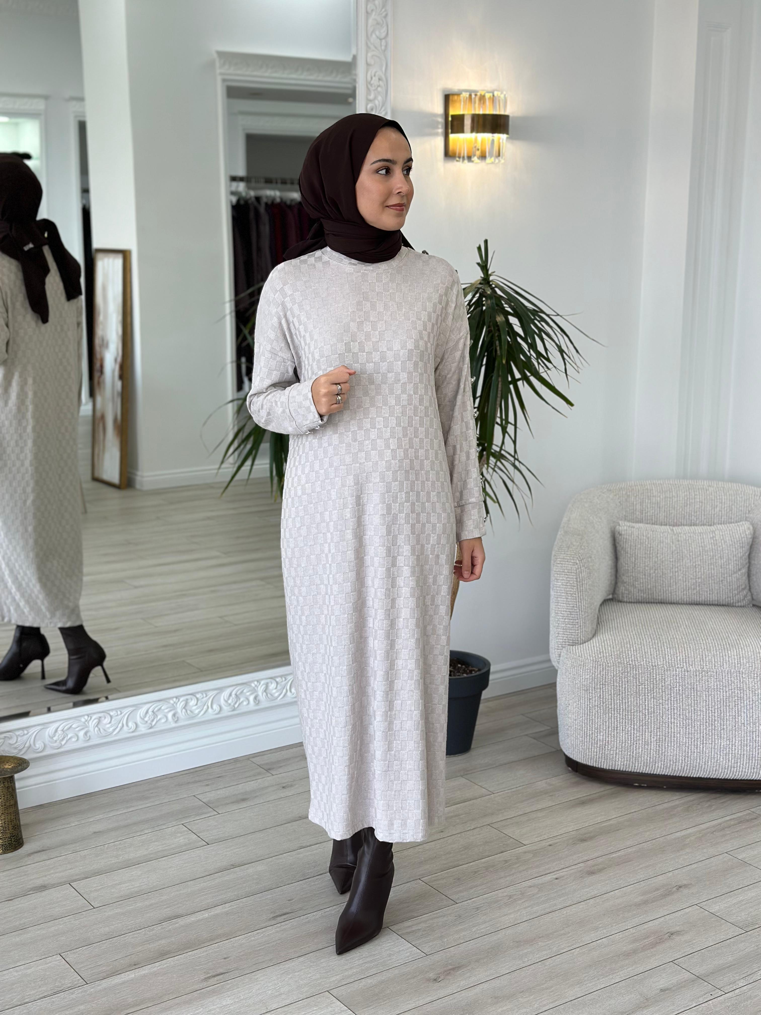 Almarwah Kare Desenli Elbise Bej 303792