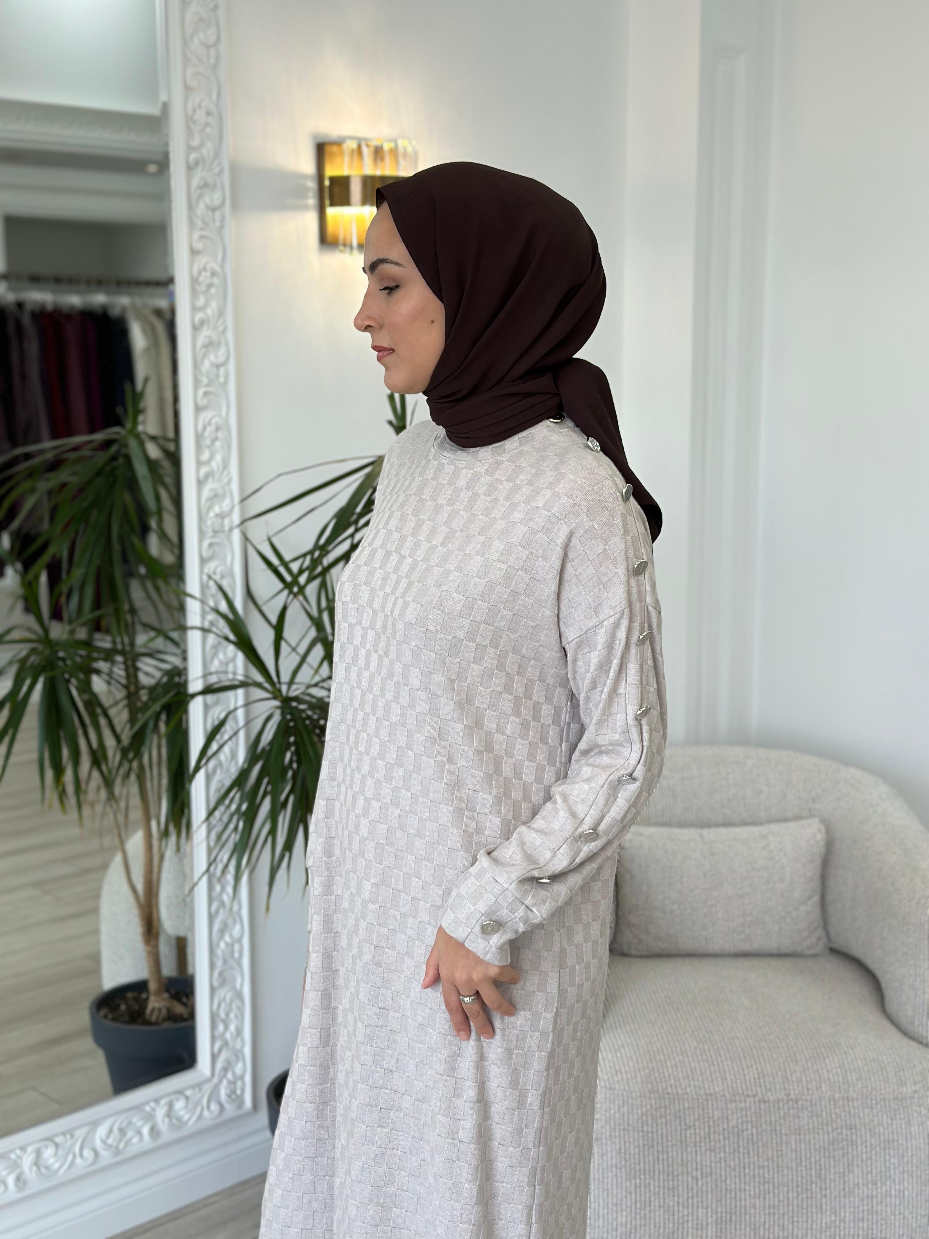 Almarwah Kare Desenli Elbise Bej 303792