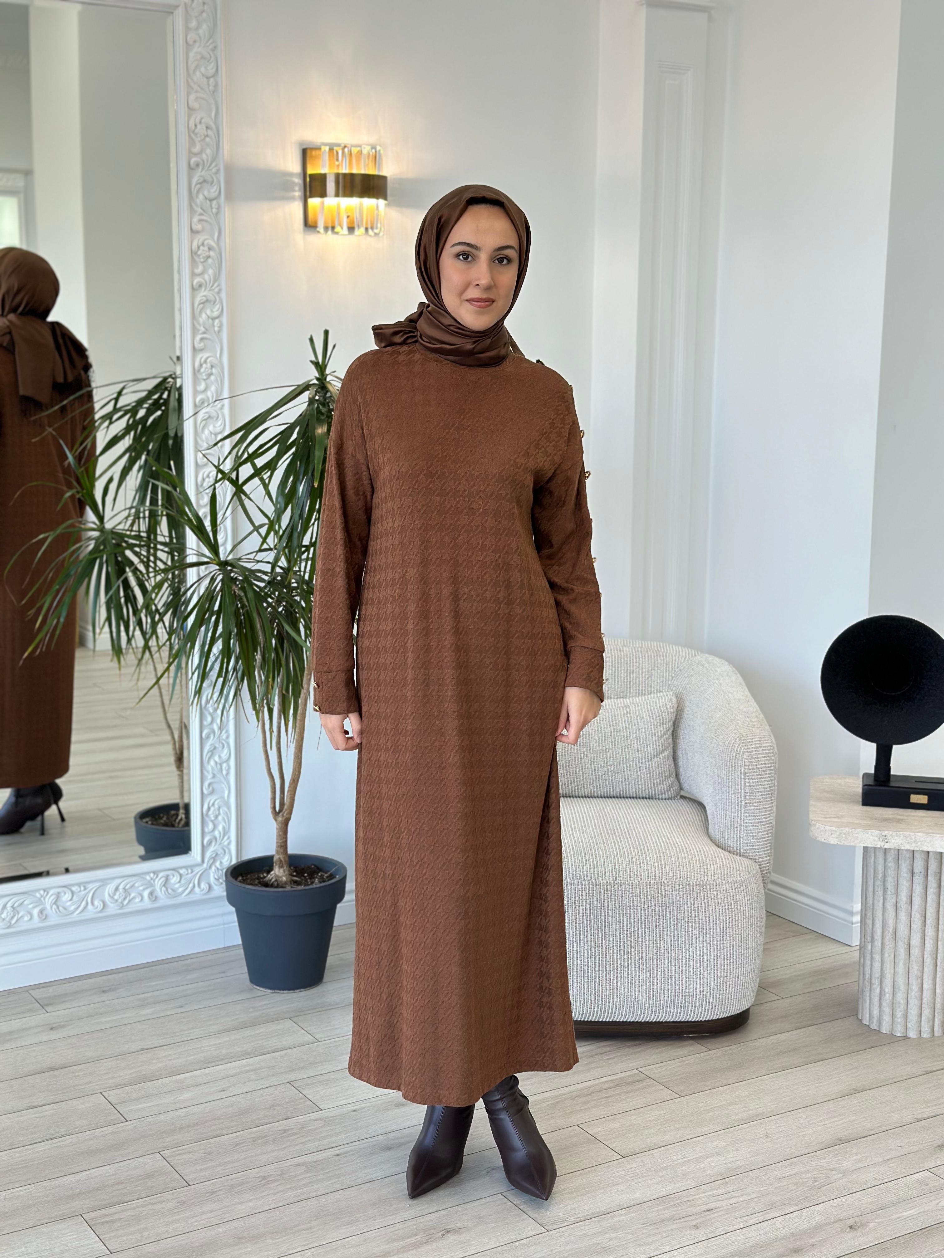 Almarwah Kare Desenli Elbise Kahverengi 303792